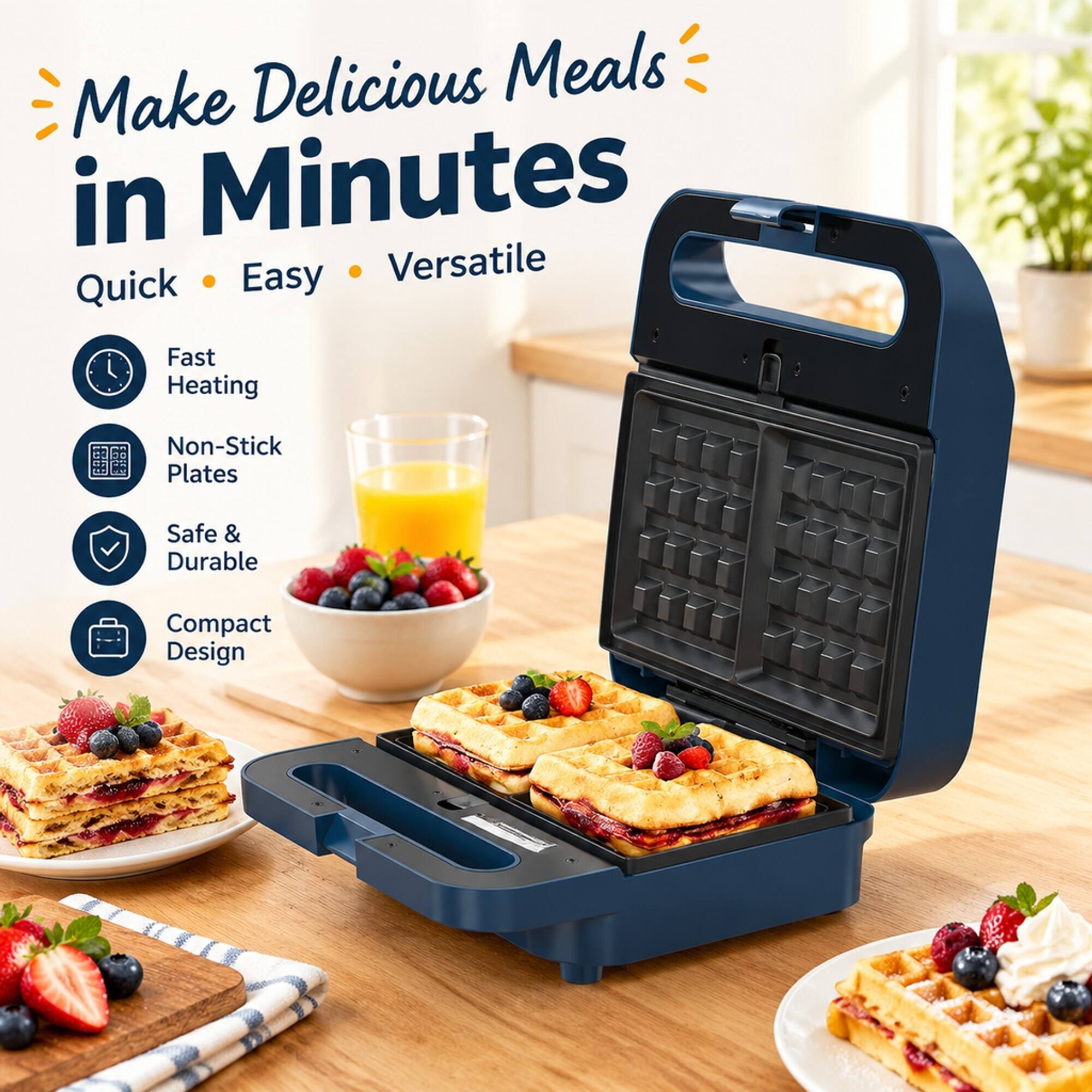 Make Delicious Meals in Minutes  
Easy Versatile Quick Fast Heating  
Non-Stick Plates  
Safe & Durable  
Compact Design