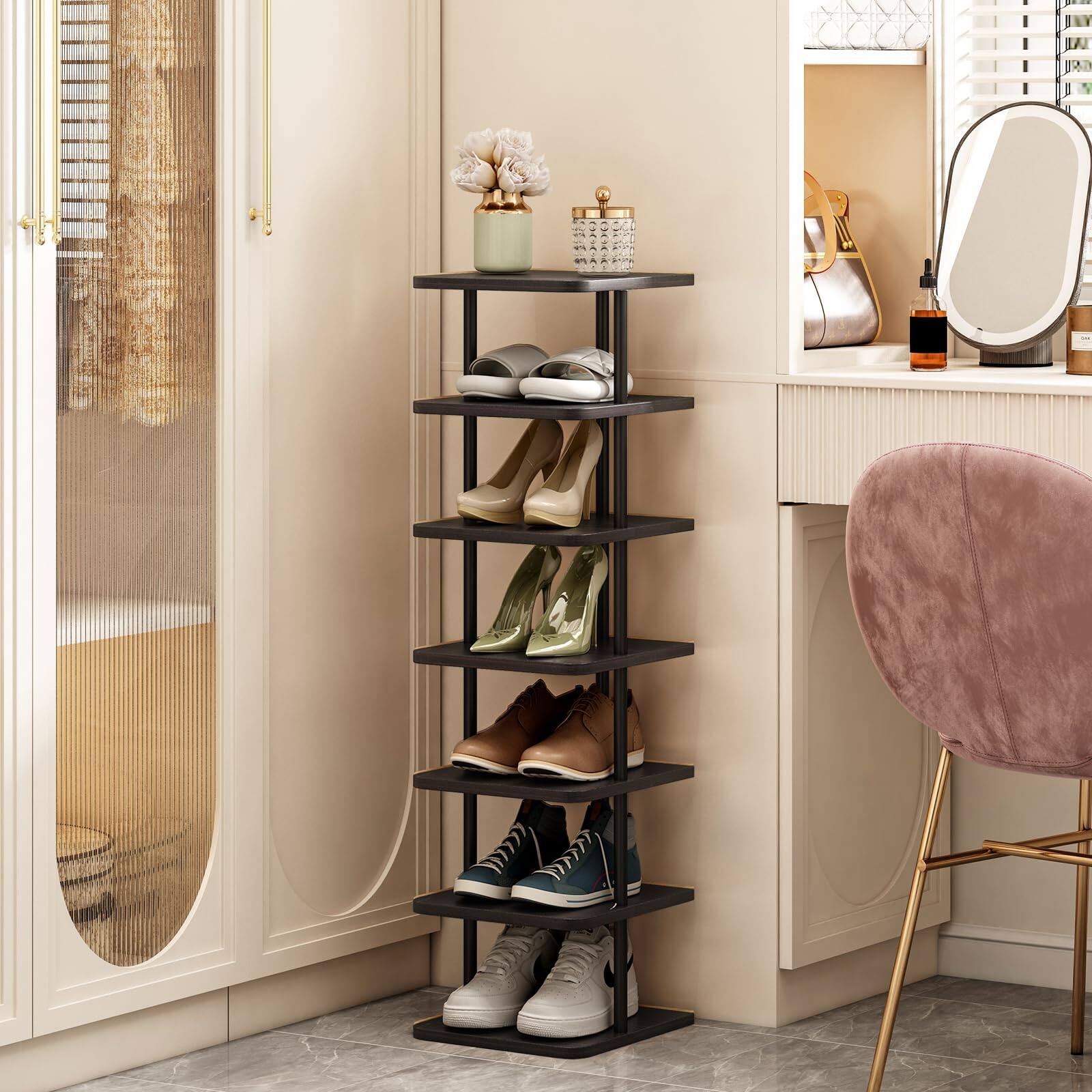 Alt View 1. ThinkLink Electronic - Vertical Shoe Rack Wooden Storage Organizer For Space Saving Narrow Shelf Entryway Living Room Bedroom Rustic - Black + Rustic Dark Brown 5 Tier.