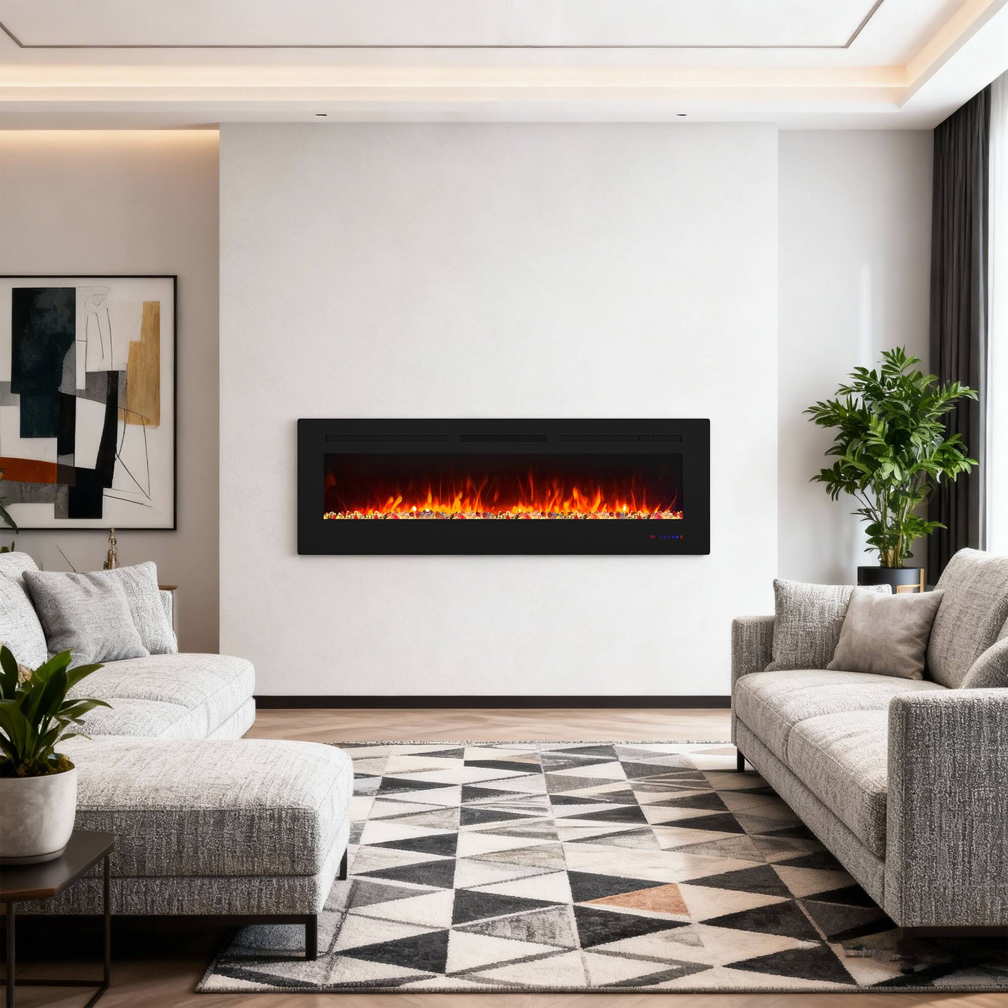 Left. Ihomeadore - 60" Electric Wall-Mounted Recessed Fireplace Insert with Remote, Adjustable Flame Color & Speed - Black.