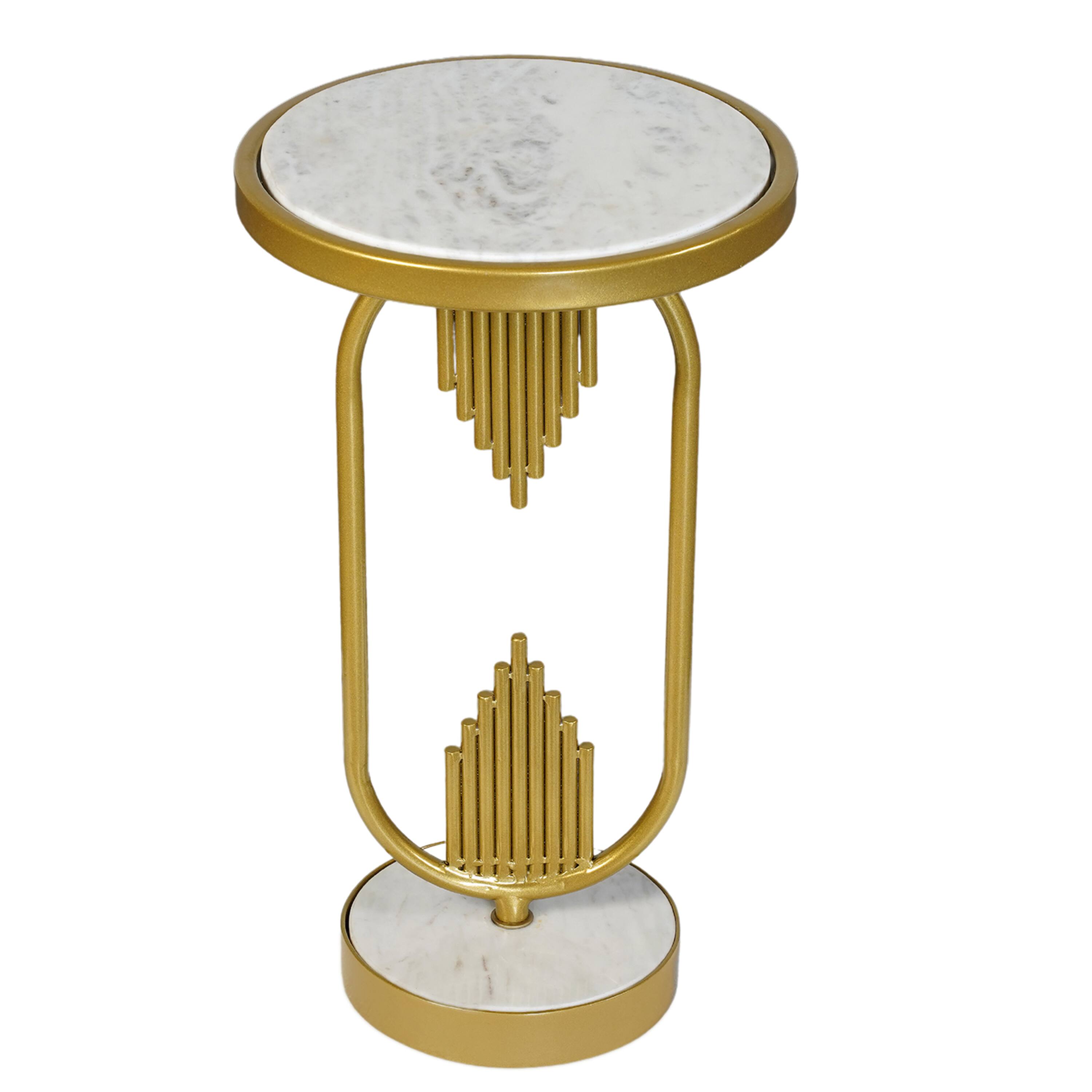 Front. Manhattan Lane - Soho Side End Table with Round Marble Top, Gold Oblong Frame, 21-Inch Height - Gold, White.