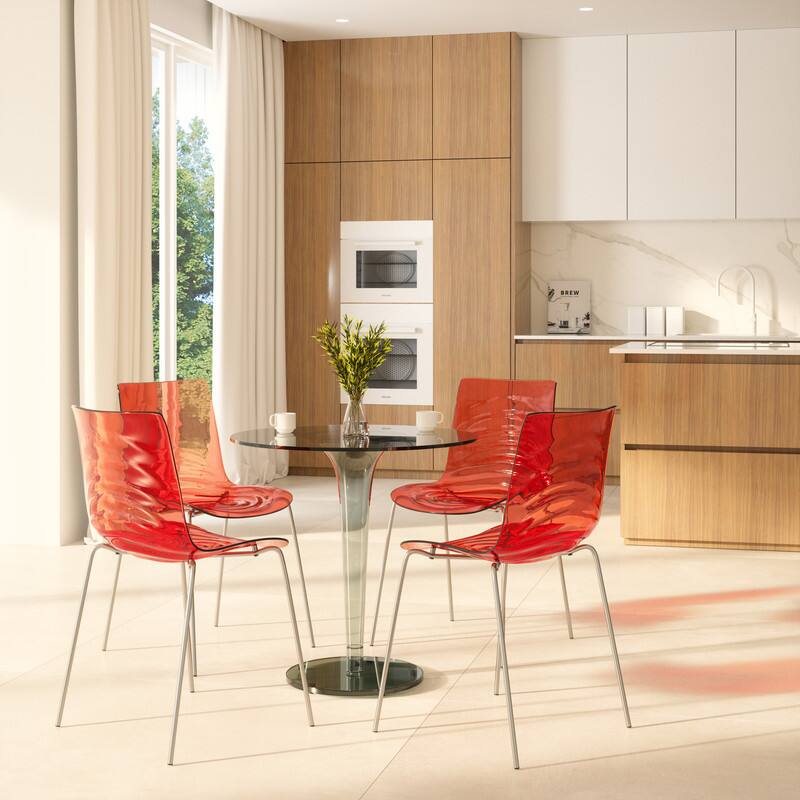 Angle. LeisureMod - Astor Modern Plastic Side Dining Chair with Ripple Design and Chrome Metal Legs Accent Side Chair for Home or Office - Transparent Red.
