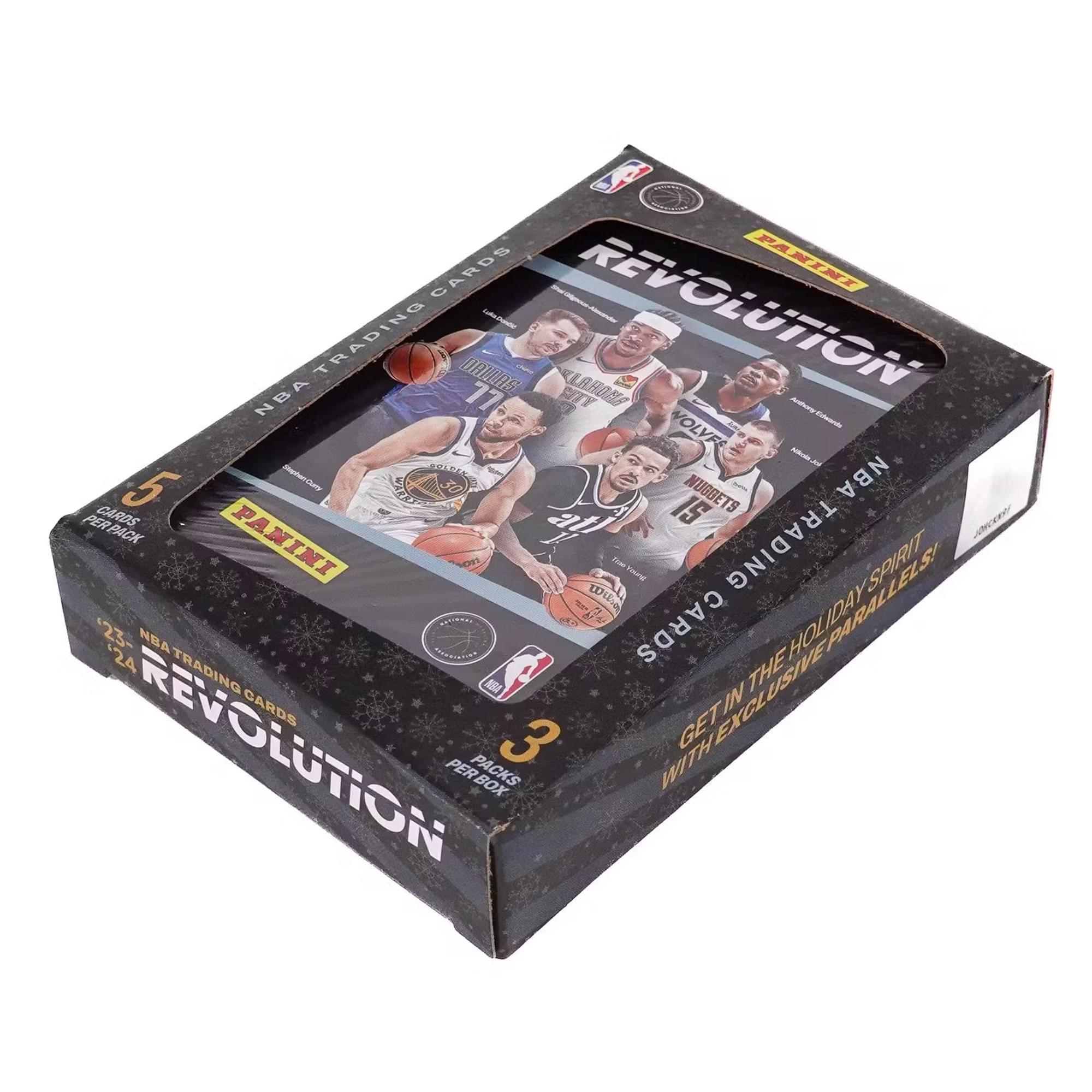 PANINI NBA TRADING CARDS REVOLUTION '23-24  
GET IN THE HOLIDAY SPIRIT!  
WITH EXCLUSIVE HOLIDAY PARALLELS!  
5 CARDS PER PACK  
3 PACKS PER BOX  
NBA TRADING CARDS