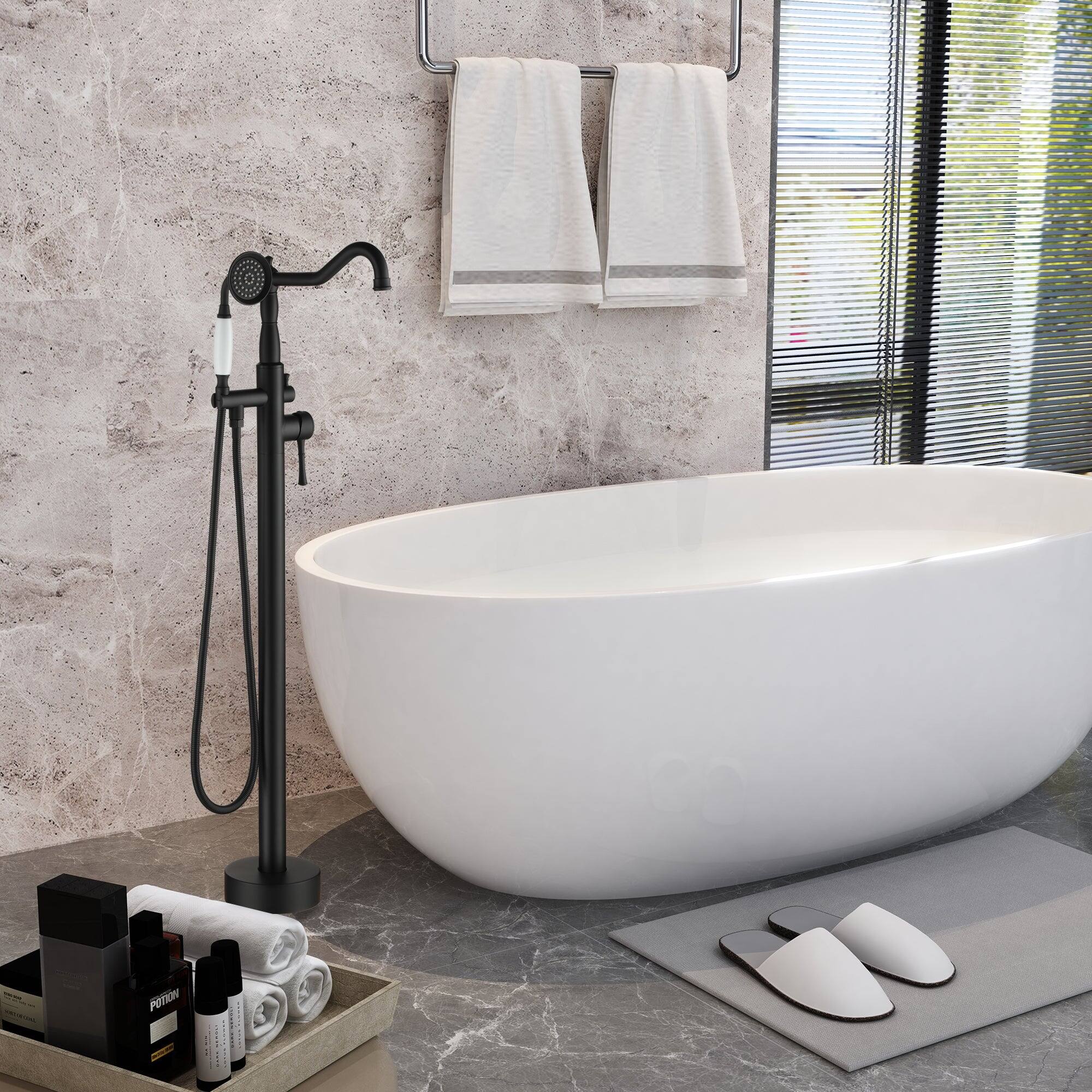 Alt View 3. Boyel Living - Classic Vintage Floor Mount 2-Handle Freestanding Tub Faucet with Hand Shower and Water Supply Hoses in Matte Black - Matte Black.