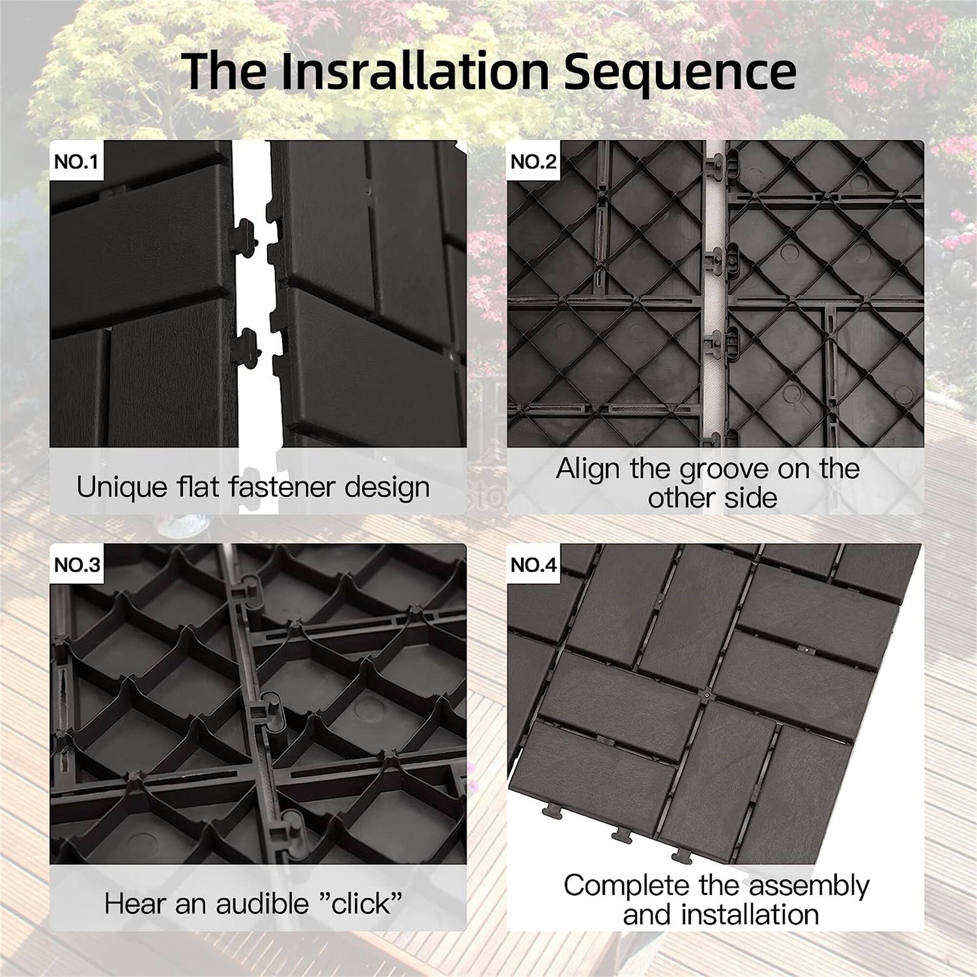 The Installation Sequence

NO.1  
Unique flat fastener design

NO.2  
Align the groove on the other side

NO.3  
Hear an audible "click"

NO.4  
Complete the assembly and installation