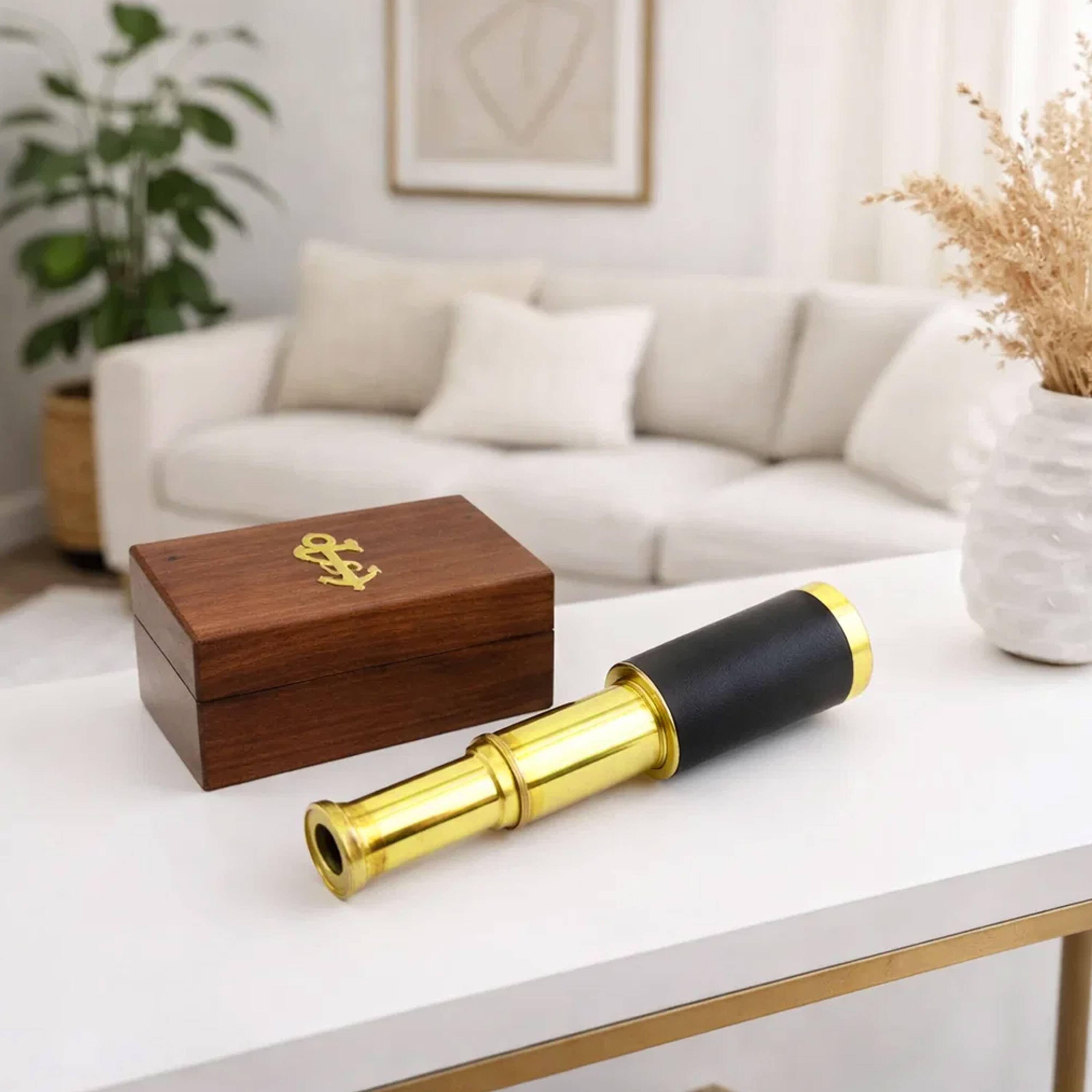 Alt View 5. Manhattan Lane - Small Brass Telescope with Pullout Wooden Box - Gold and Brown.
