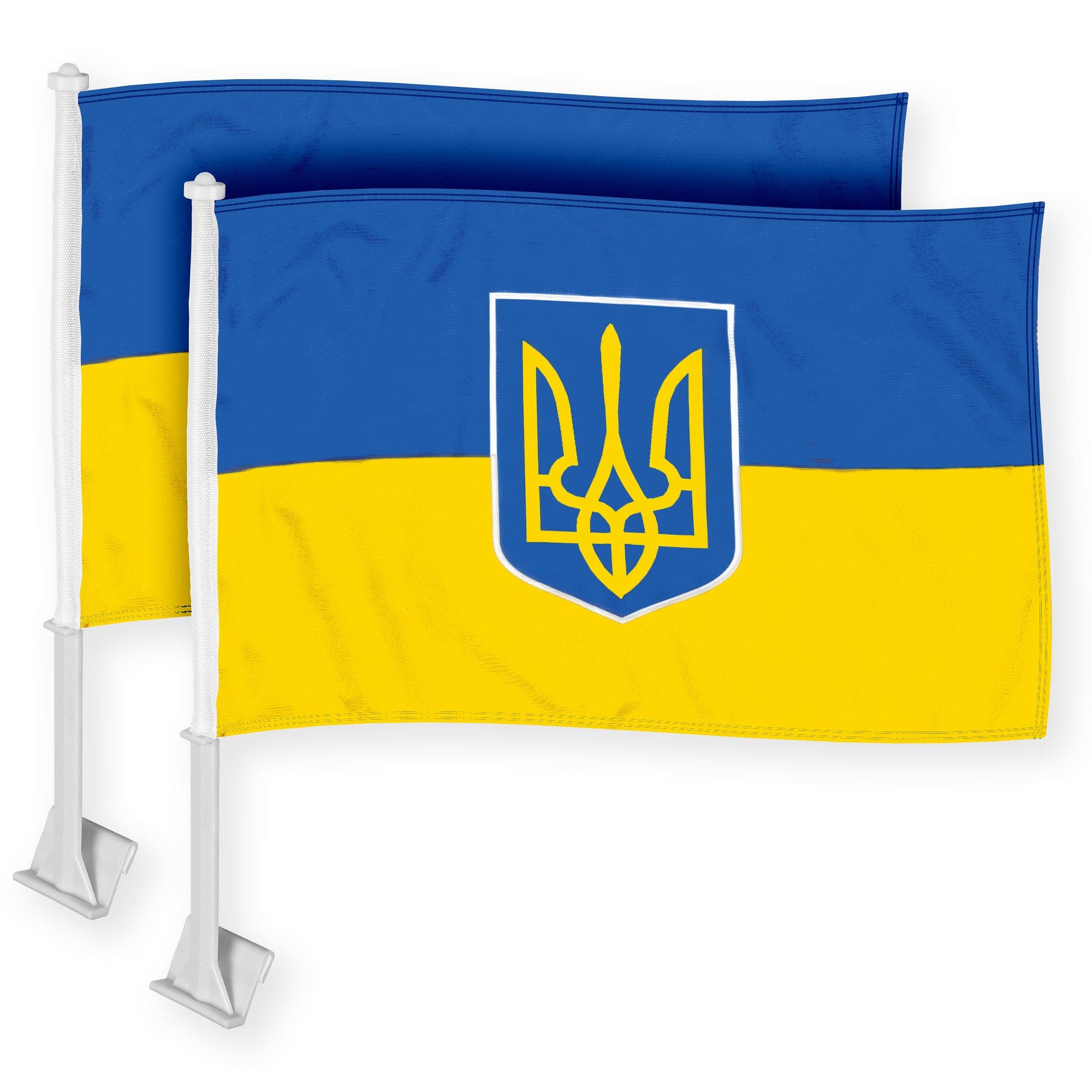 G128 - Ukraine Coat of Arms Car Flags, 2-Pack (17 x 11 in) with Poles - Assorted Colors