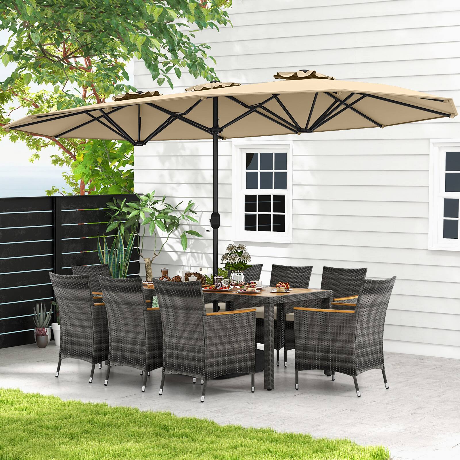 Alt View 4. Costway - 10 Pieces Patio Wicker Dining Set with Double-Sided Patio Umbrella 8 Armchairs - Beige,,Mix Brown.