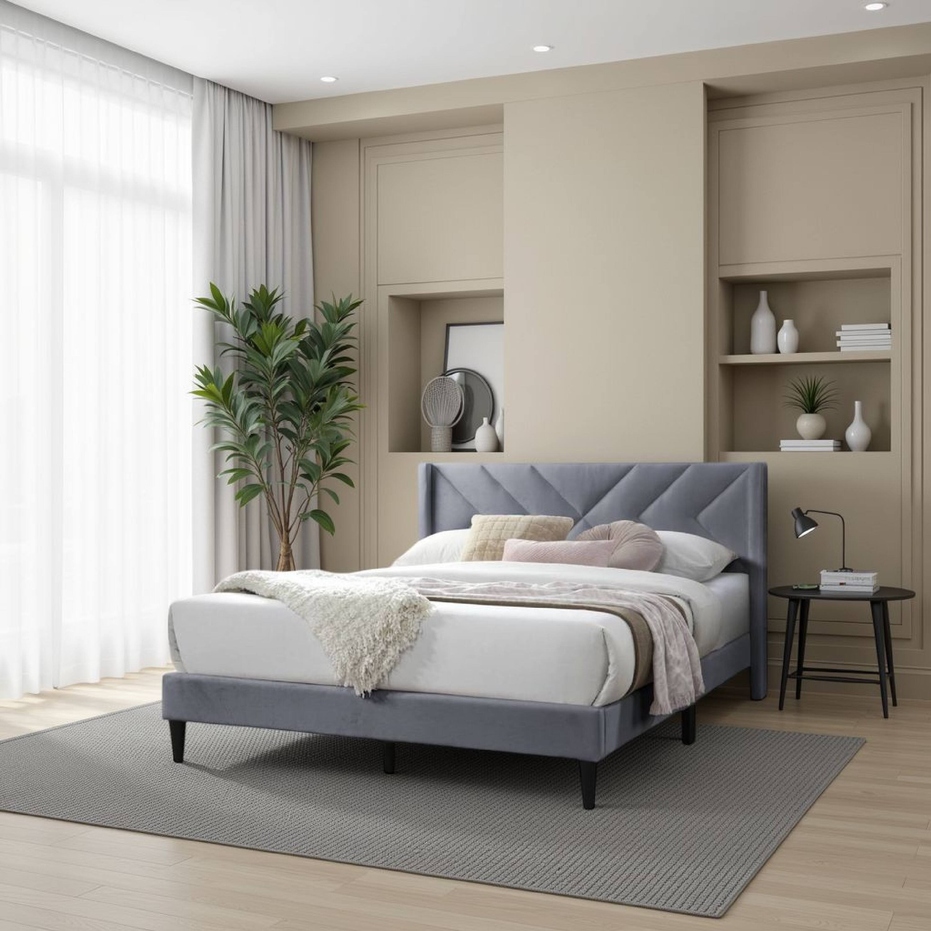 Alt View 5. Manhattan Lane - Reno Queen Size Bed, Modern X Channel Tufted Gray Velvet Upholstery - Gray, Black.