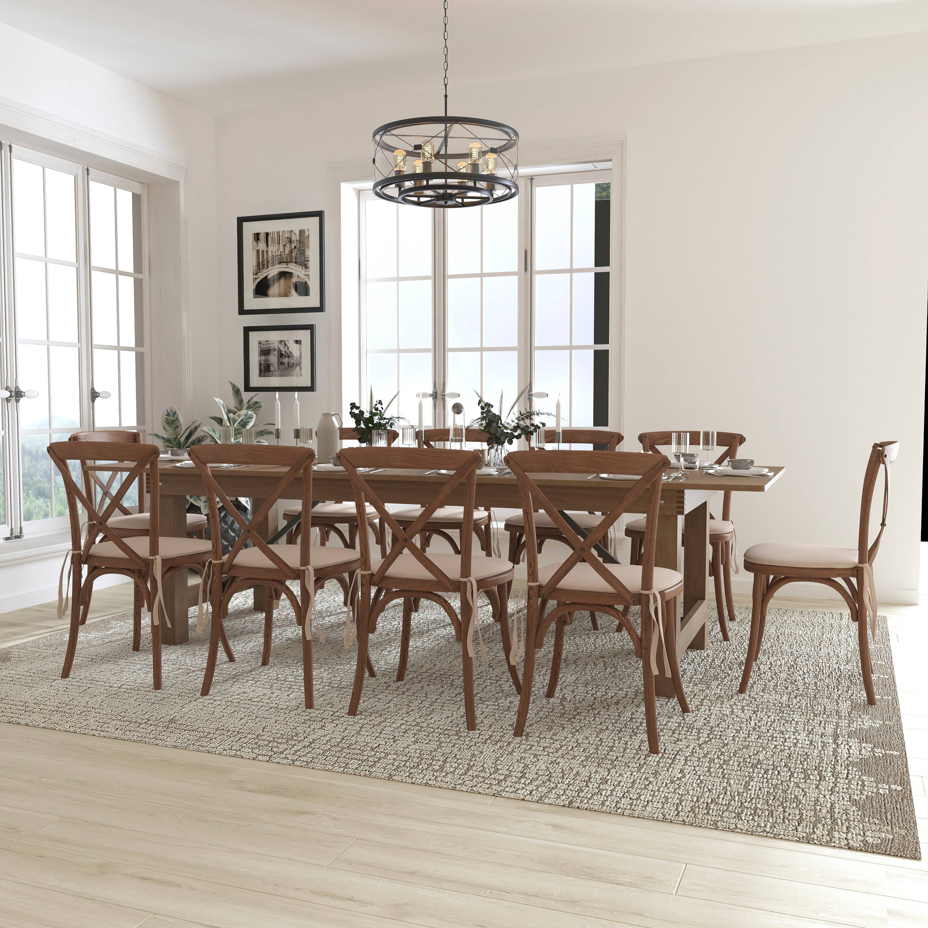 Angle. Flash Furniture - HERCULES Series 9' x 40'' Antique Rustic Folding Farm Table Set with 10 Cross Back Chairs and Cushions - Brown.