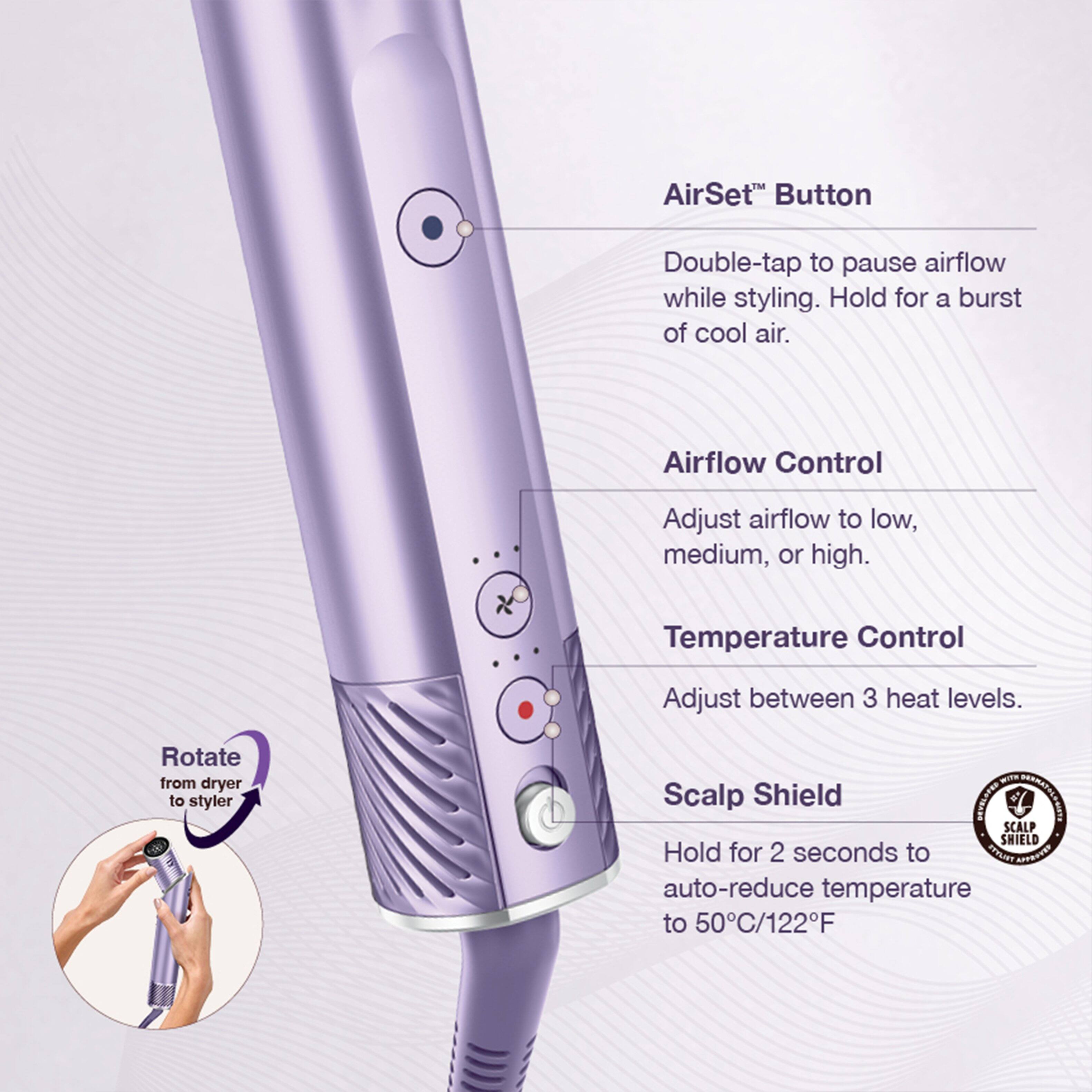 AirSet Button  
Double-tap to pause airflow while styling. Hold for a burst of cool air.  

Airflow Control  
Adjust airflow to low, medium, or high.  

Temperature Control  
Adjust between 3 heat levels.  

Scalp Shield  
Hold for 2 seconds to auto-reduce temperature to 50°C/122°F