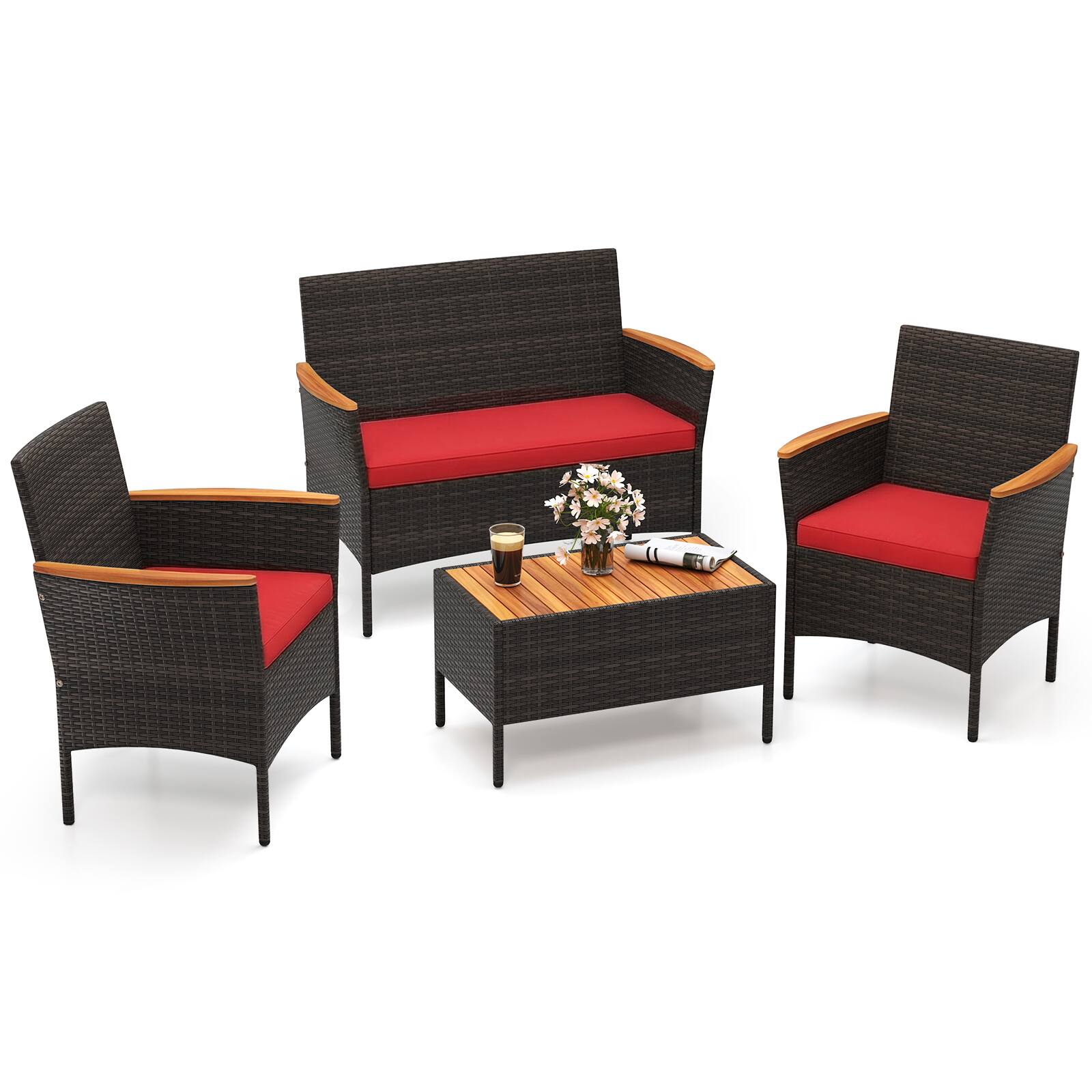 Costway - 4 PCS Patio Wicker Sofa Set with Coffee Table Acacia Wood Armrests & Tabletop - Mix Brown + Red price history on PriceWatchPro
