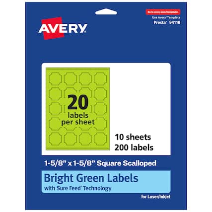 Go to avery.com/templates
AVERY
Use Avery Template Presta 94110
20 labels per sheet
10 sheets
200 labels
1-5/8" x 1-5/8" Square Scalloped
Bright Green Labels with Sure Feed Technology for Laser/Inkjet
