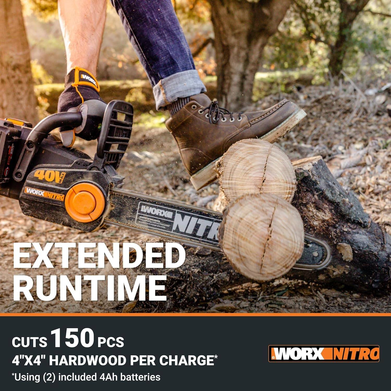 The text on the image is grouped and corrected as follows:

WORX NITRO WORKINITRO EXTENDED RUNTIME CUTS 150 PCS 4"X4" HARDWOOD PER CHARGE* *Using (2) included 4Ah batteries