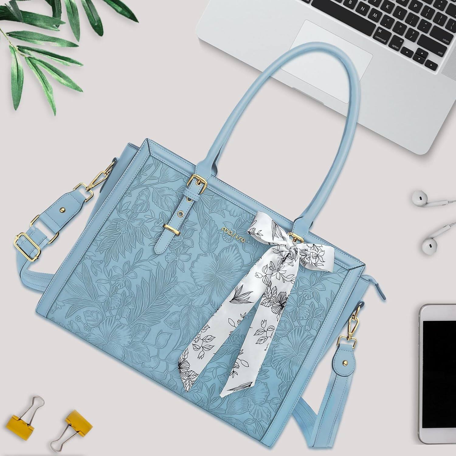 Alt View 3. mosiso - Laptop Bag for Women 17-17.3 inch PU Leather Tote Bag Work Briefcase Computer Bags - Air Blue.