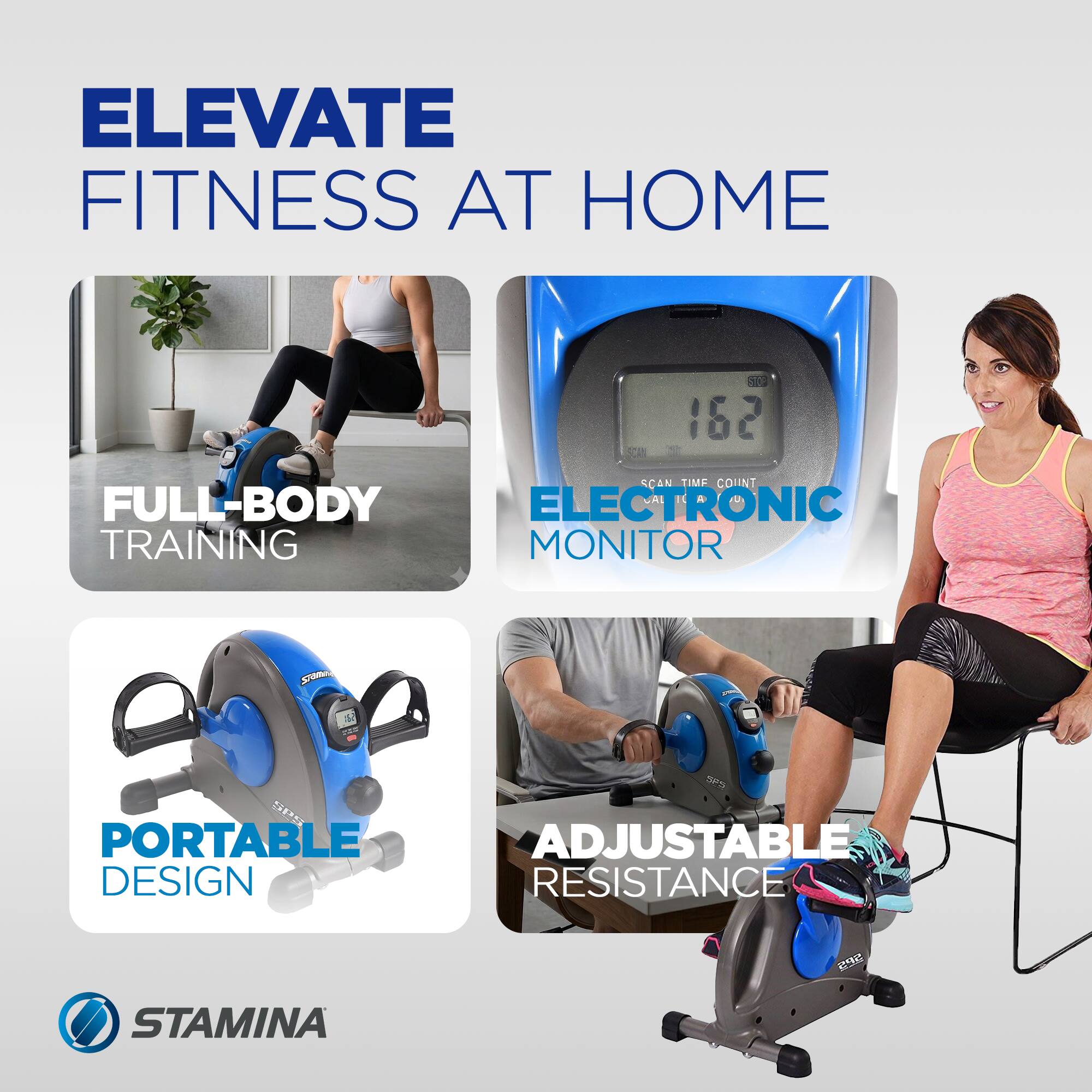 ELEVATE FITNESS AT HOME

- FULL-BODY TRAINING
- ELECTRONIC MONITOR
- PORTABLE DESIGN
- ADJUSTABLE RESISTANCE

STAMINA
