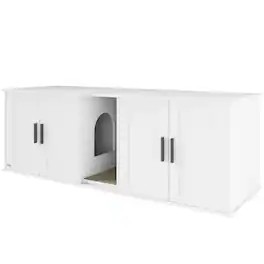 Pawhut - Litter Box Enclosure with Double Room, Scratching Mat for 2 Cats - White