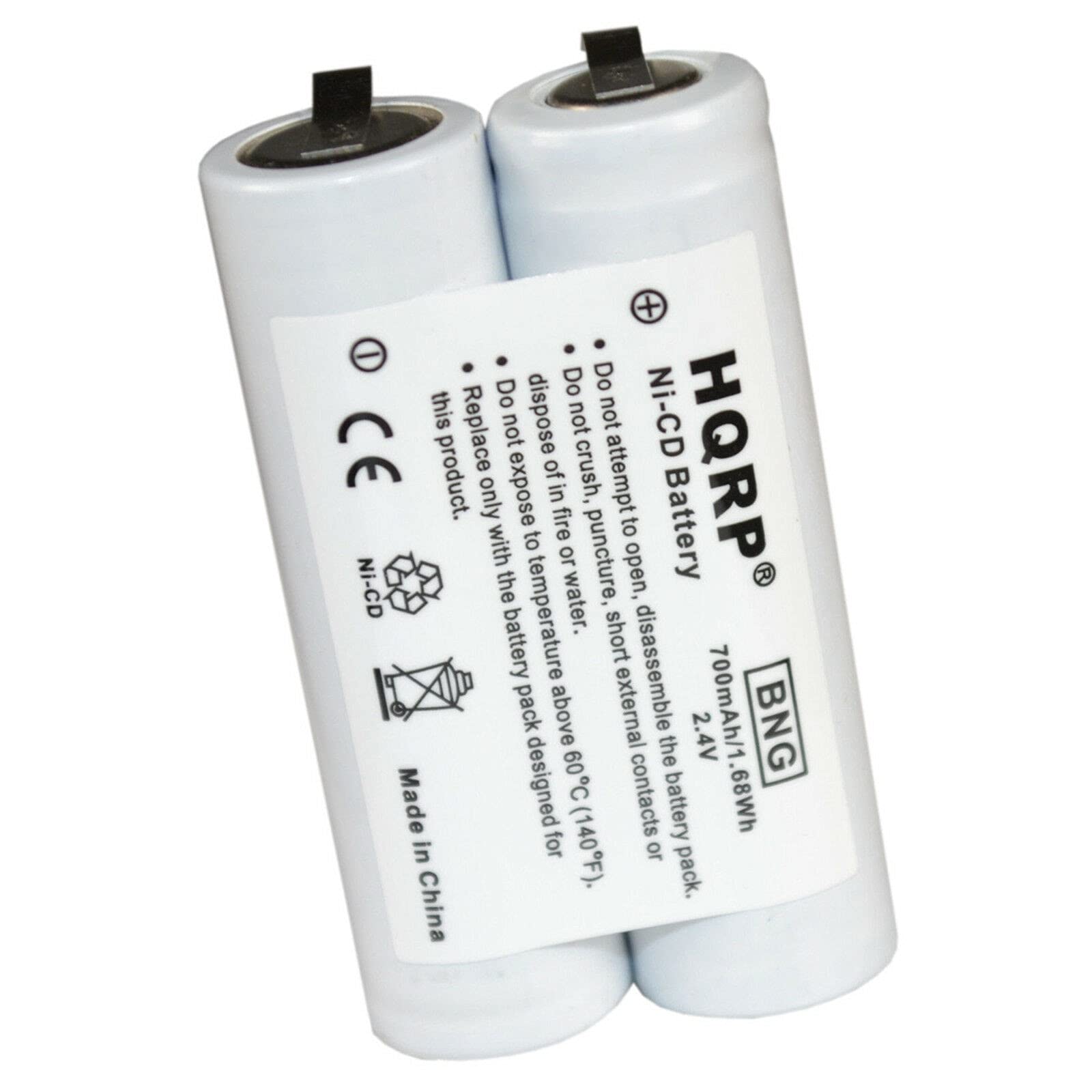 Ni-CD Battery  
HQRP  
BNG  
700mAh/1.68Wh  
2.4V  
Made in China  

Do not dispose of in fire or crush, puncture, or attempt to open.  
Do not expose to temperature above 60°C (140°F).  
Do not disassemble the battery pack.  
Do not expose to water.  
Do not attempt to disassemble the battery pack.  
Do not crush, puncture, or expose to short external contacts.  
Do not dispose of in fire or crush, puncture, or attempt to open.  
Do not expose to temperature above 60°C (140°F).  
Do not disassemble the battery pack.  
Do not expose to water.  

Replace only with the battery pack designed for this product.  
CE  

Ni-CD  
Made in China