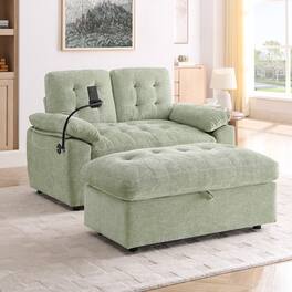 Ropilly - Manual Recliner Loveseat with USB Port, Cyan Chenille 2 Seat Sofa with Storage Ottoman - Cyan
