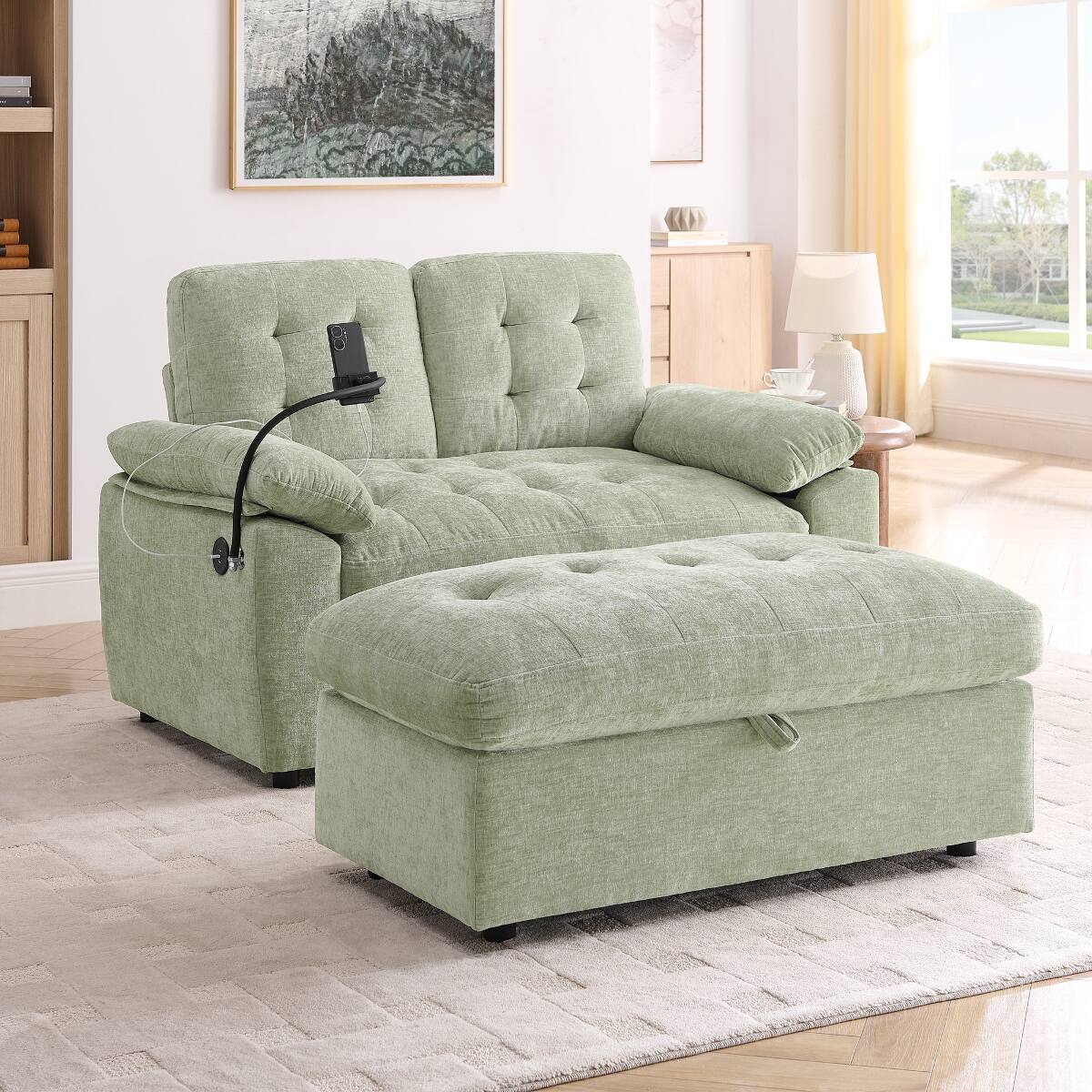 Front. Ropilly - Ropilly Manual Recliner Loveseat with USB Port, Cyan Chenille 2 Seat Sofa with Storage Ottoman - Cyan.