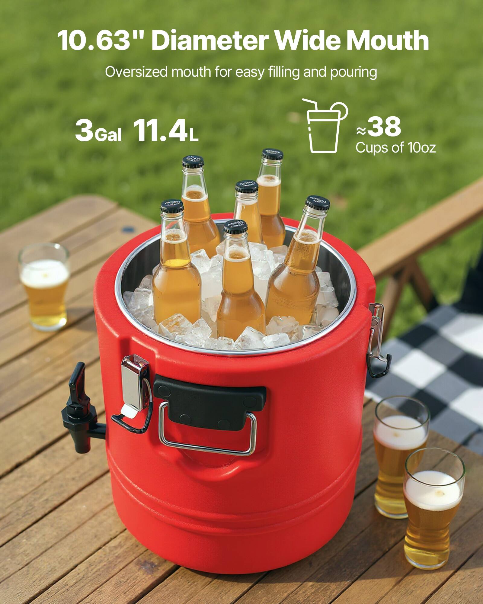 10.63" Diameter Wide Mouth  
Oversized mouth for easy filling and pouring  

3Gal 11.4L  

≈38 Cups of 10oz