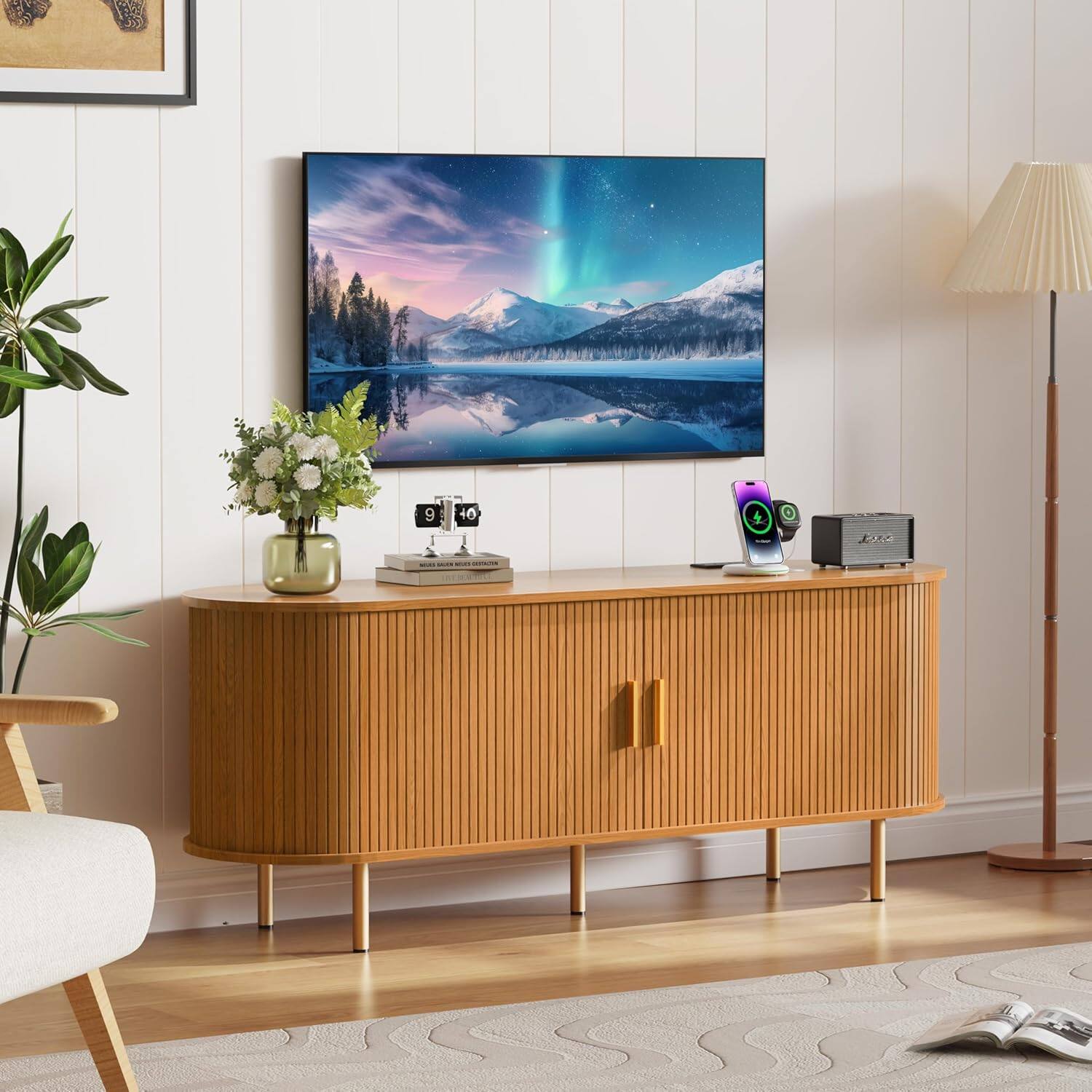 Left. Tiramisubest - 55"TV Stand with Power Outlet for TVs up to 60 Inch,Entertainment Center with Storage,Adjustable Shelves & Sliding Doors - Yellow Walnut.