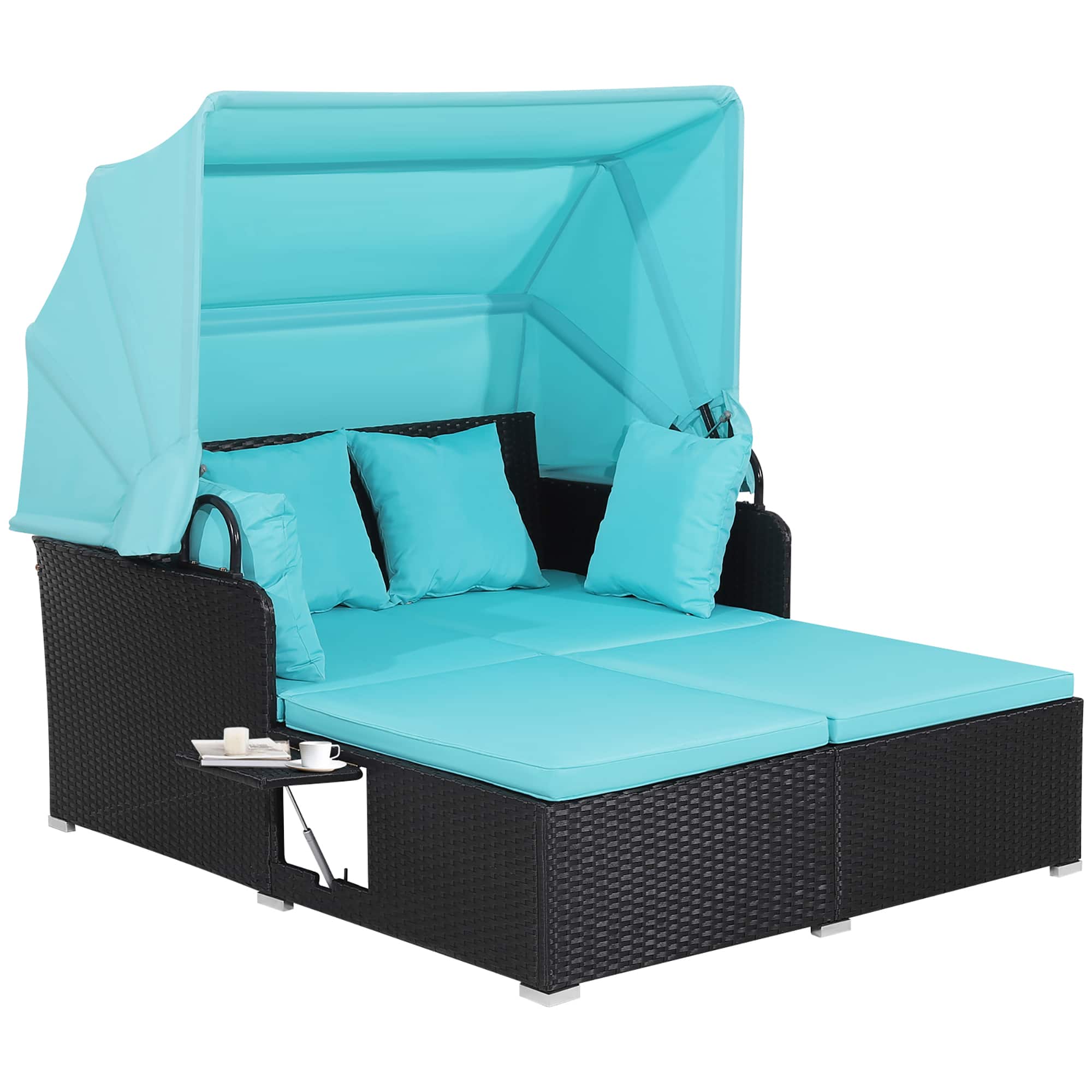 Front. Costway - Patio Rattan Daybed Lounge Retractable Top Canopy Side Tables Cushions - Turquoise.