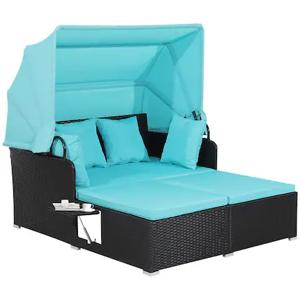 Front. Costway - Patio Rattan Daybed Lounge Retractable Top Canopy Side Tables Cushions - Turquoise.