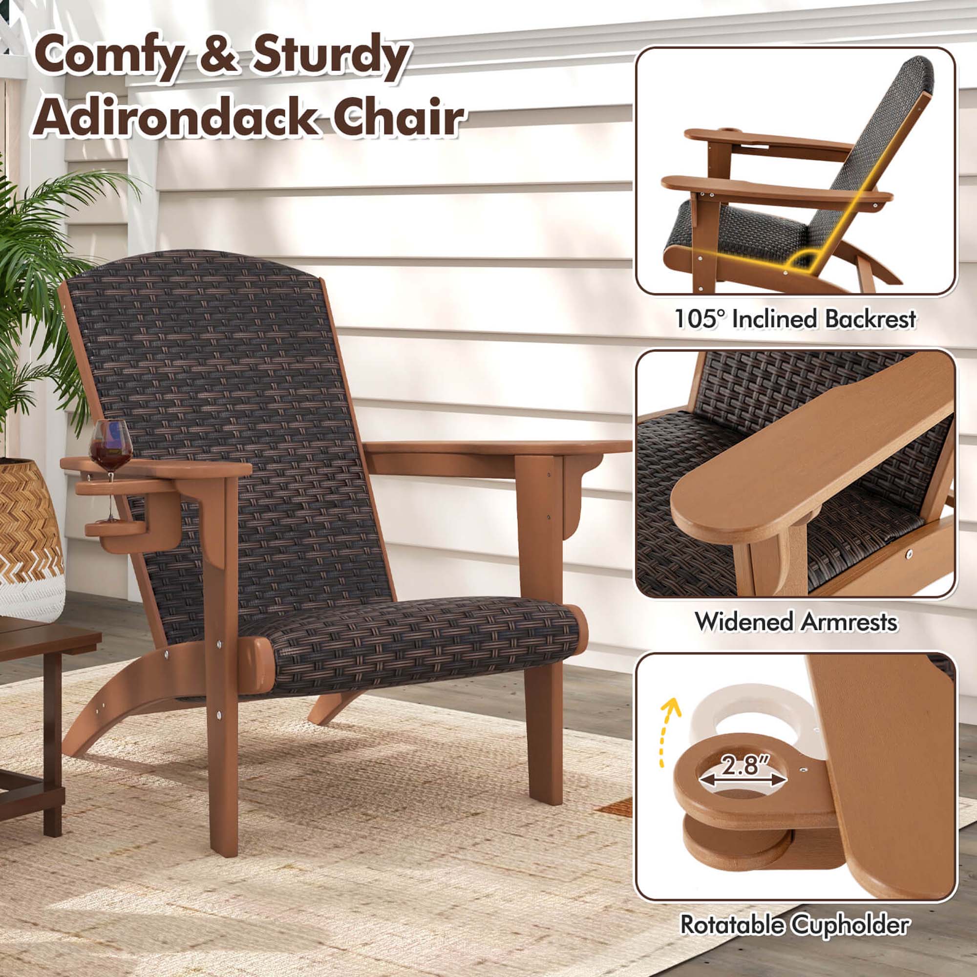 Comfy & Sturdy Adirondack Chair 105 Inclined Backrest Widened Armrests 2.8" Rotatable Cupholder