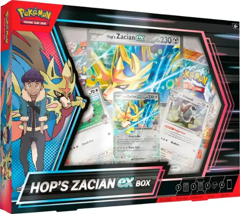 Pokemon | Trading Card Game! | 6+ BASIC Hop's Zacian ex HP 230 6+ 2N .70 Hop's Zacian ex -230 6 KCMON CA. A GAME Ma's Dubwool 120 * Kick Smash - e 50 - Insta-Strike 30 Thee m do does 10 Ceti - - your dpponencs benches Poklmon De -o Walies - nt fr Rencled Pttmon Brave Slash 240 tha Pemon ea broe Slah ing O - - -. - - - - When MAiy u you Defiant - a - ple des your Poldenoe Pokemon Horn o duing Pour to your Berhedd sm sand Poladmon m - - The - sutN ruck Headbutt Ata - a 80 TS n ex HOP'S ZACIAN ex BOX 3 I CAROS OVERSIZE CARD INCLUDES: PROMO 1 STICKER 4 BOOSTERS