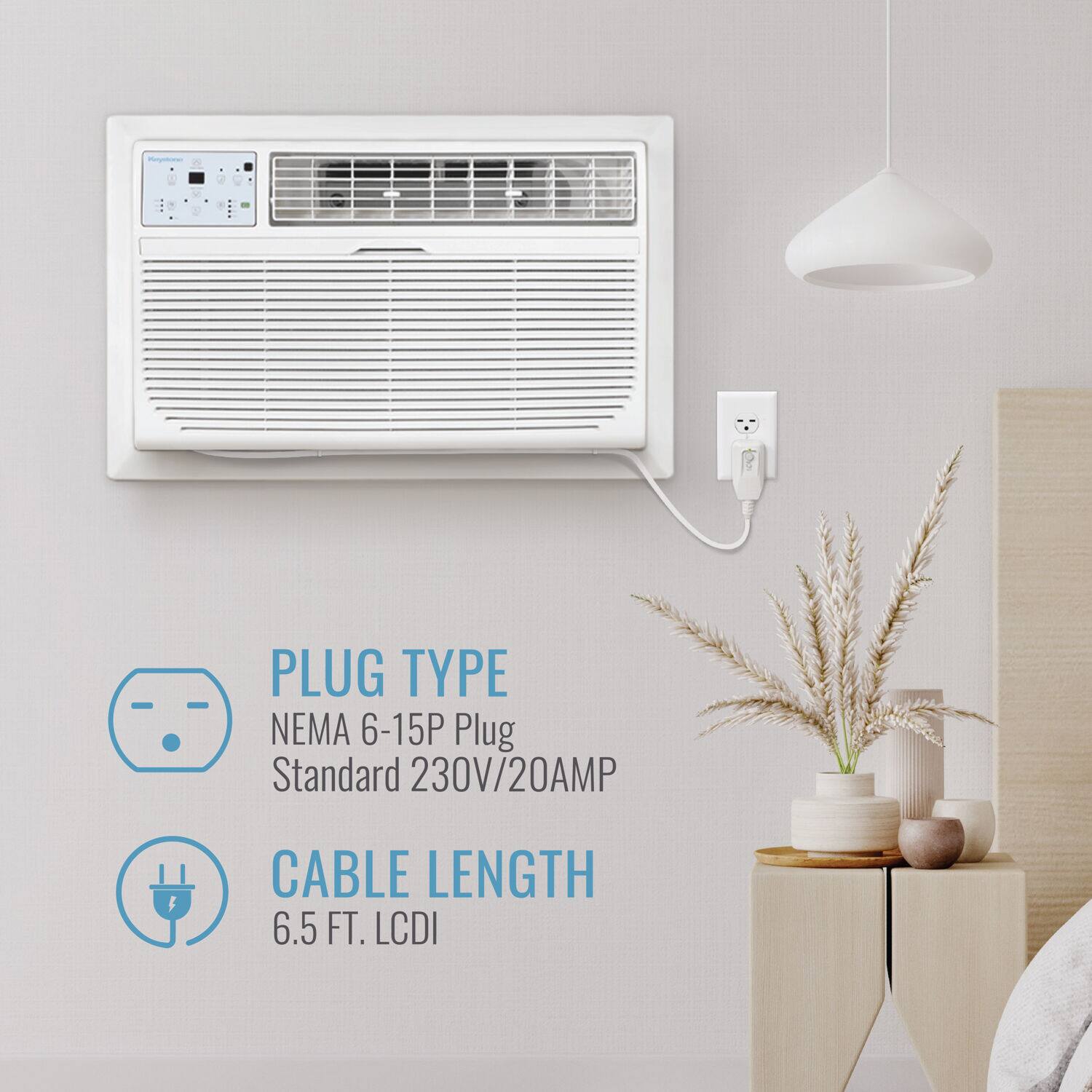 The text on the image is grouped and corrected as follows:

* Plug Type: NEMA 6-15P Plug Standard 230V/20AMP
* Cable Length: 6.5 FT. LCDI