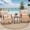 Front. U-HOMY - 3-Piece Outdoor Rocking Chair Set with Cushions & Coffee Table, Metal Frame Patio Furniture with PE Rattan - Beige.