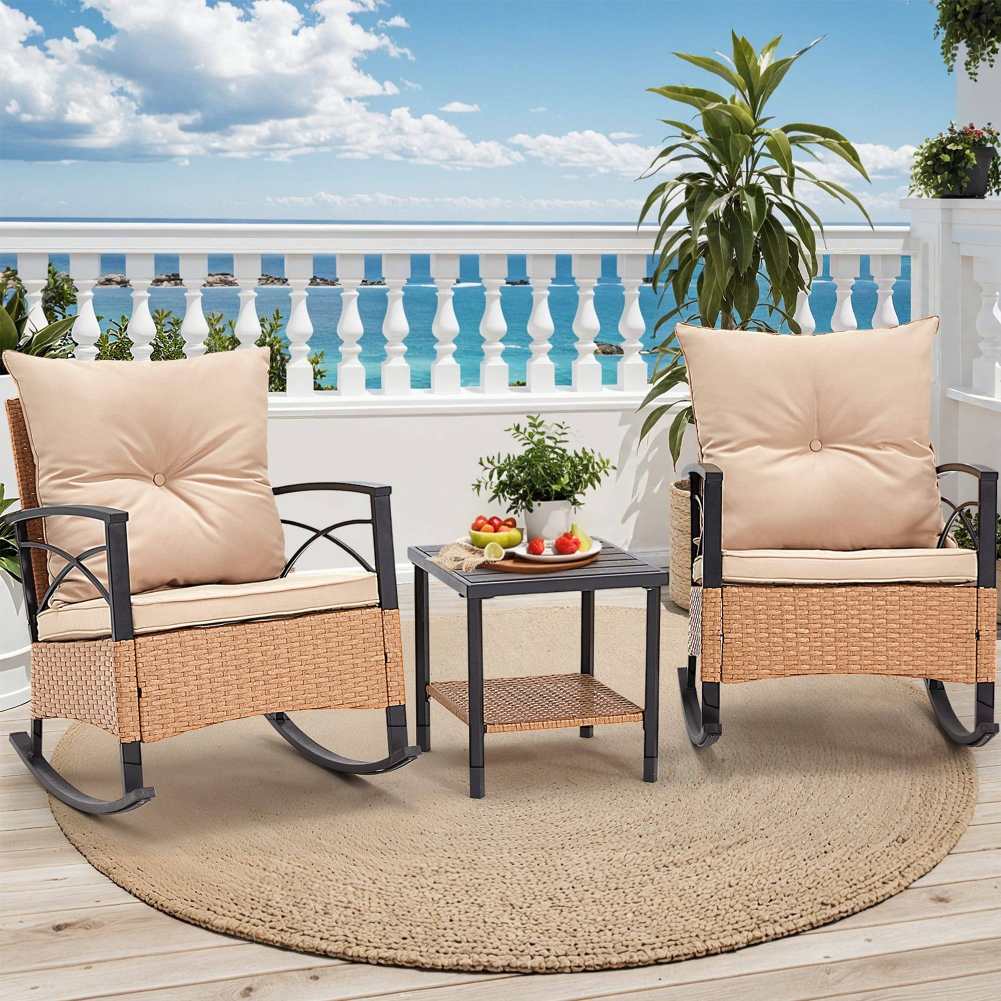 U-HOMY - 3-Piece Outdoor Rocking Chair Set with Cushions & Coffee Table, Metal Frame Patio Furniture with PE Rattan - Beige
