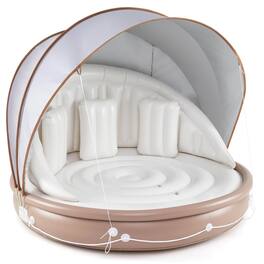 Costway - 73" Tanning Pool Lounger Float with Retractable & Removable Canopy SPF50+ - White + Brown + Silver