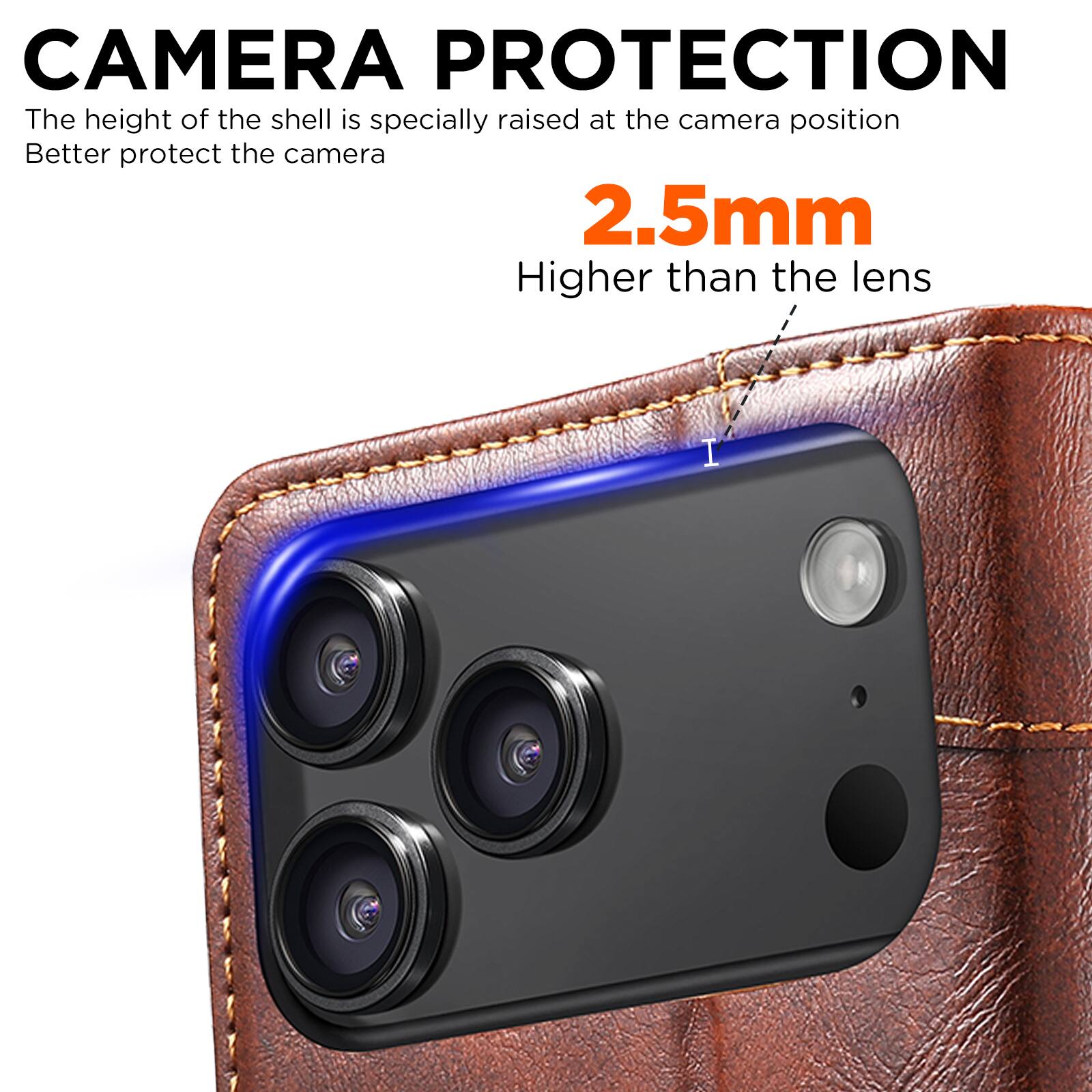 CAMERA PROTECTION  
The height of the shell is specially raised at the camera position  
Better protect the camera  

2.5mm  
Higher than the lens