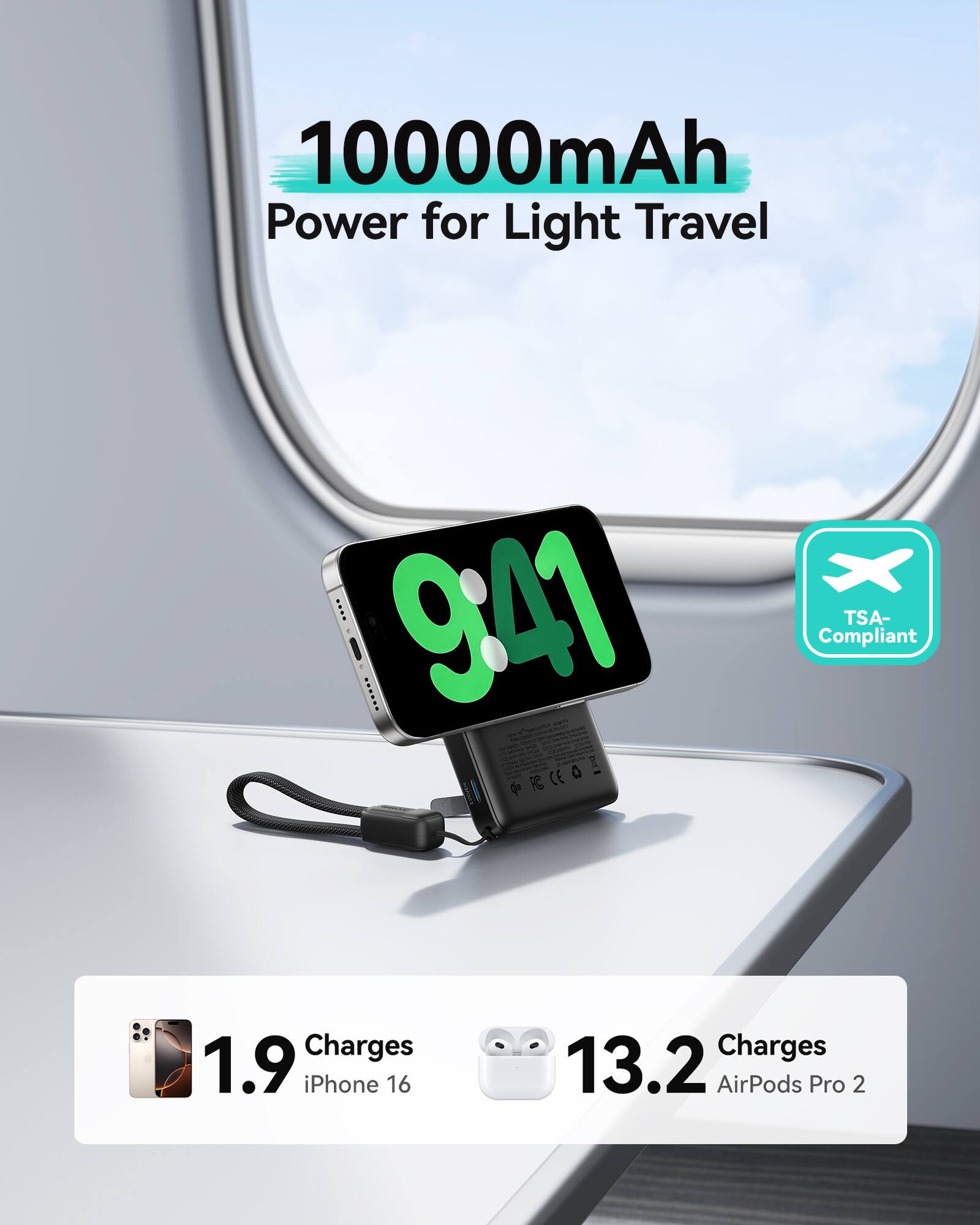 10000mAh Power for Light Travel

9:41

TSA-Compliant

1.9 Charges iPhone 16

13.2 Charges AirPods Pro 2