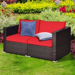 Gymax - 2PCS Rattan Corner Sofa Set Patio Outdoor Furniture Set w/ 4 Red Cushions - Mix brown