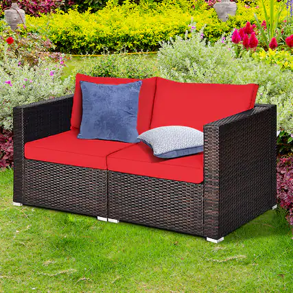 Front. Gymax - Gymax 2PCS Rattan Corner Sofa Set Patio Outdoor Furniture Set w/ 4 Red Cushions - Mix brown.