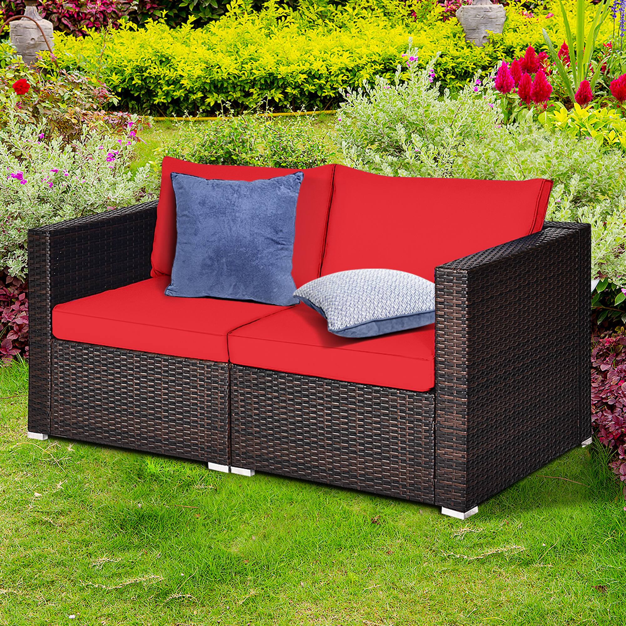 Front. Gymax - Gymax 2PCS Rattan Corner Sofa Set Patio Outdoor Furniture Set w/ 4 Red Cushions - Mix brown.