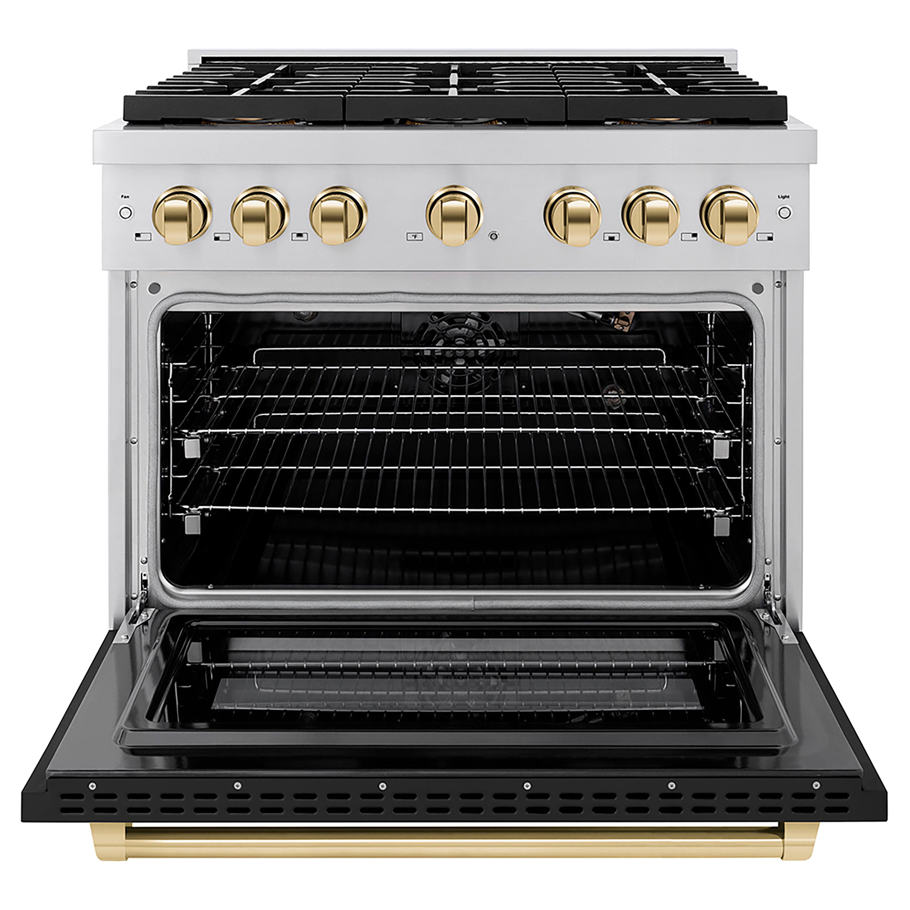 Angle. ZLINE - ZLINE Autograph 36 in. Paramount Gas Range with 6 DuoPro Burners w/ Black Door & Gold Accents (PSGRZ-BLM-36-G) - Stainless Steel with Black Matte Door.