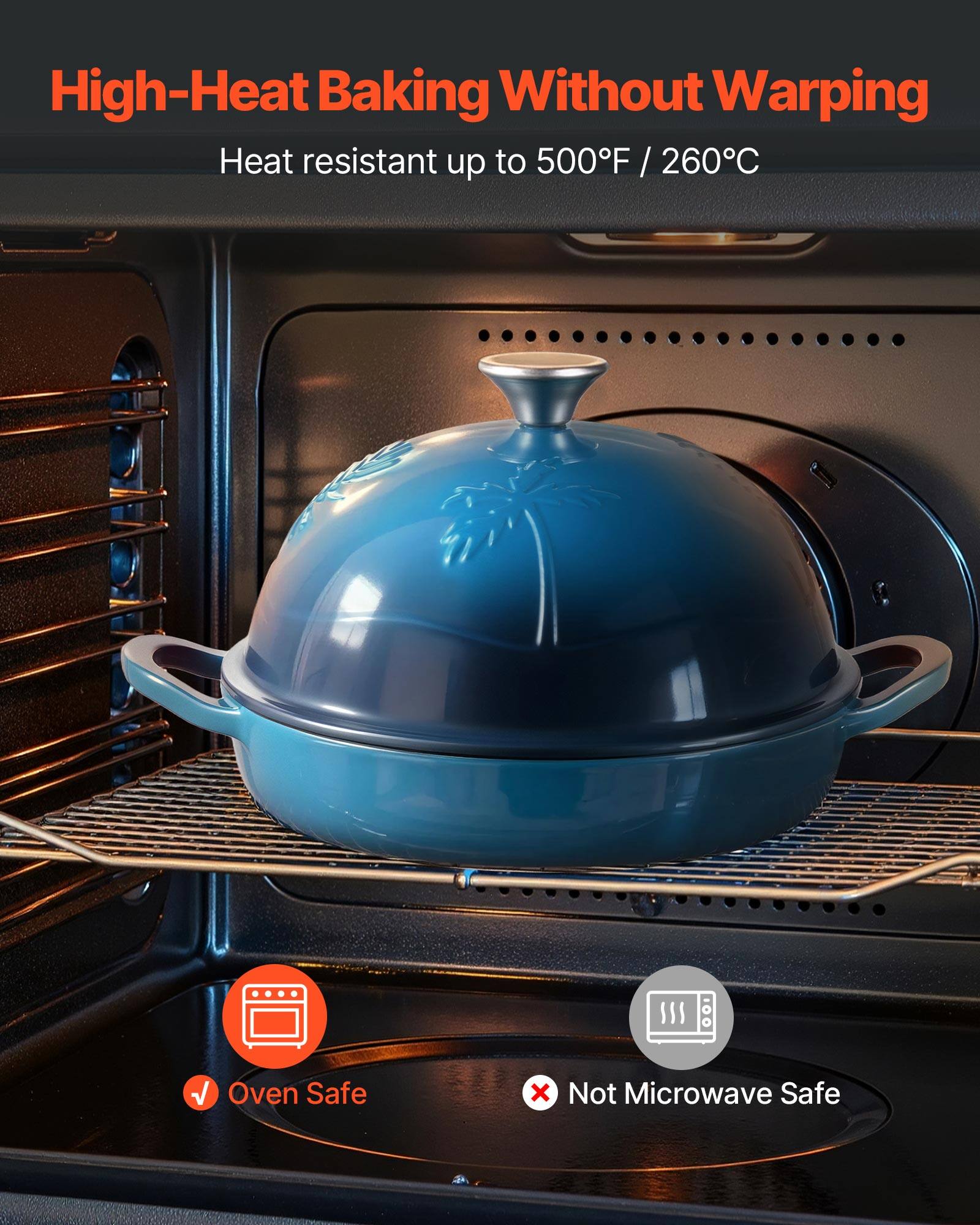 High-Heat Baking Without Warping  
Heat resistant up to 500°F / 260°C  

Oven Safe  
Not Microwave Safe