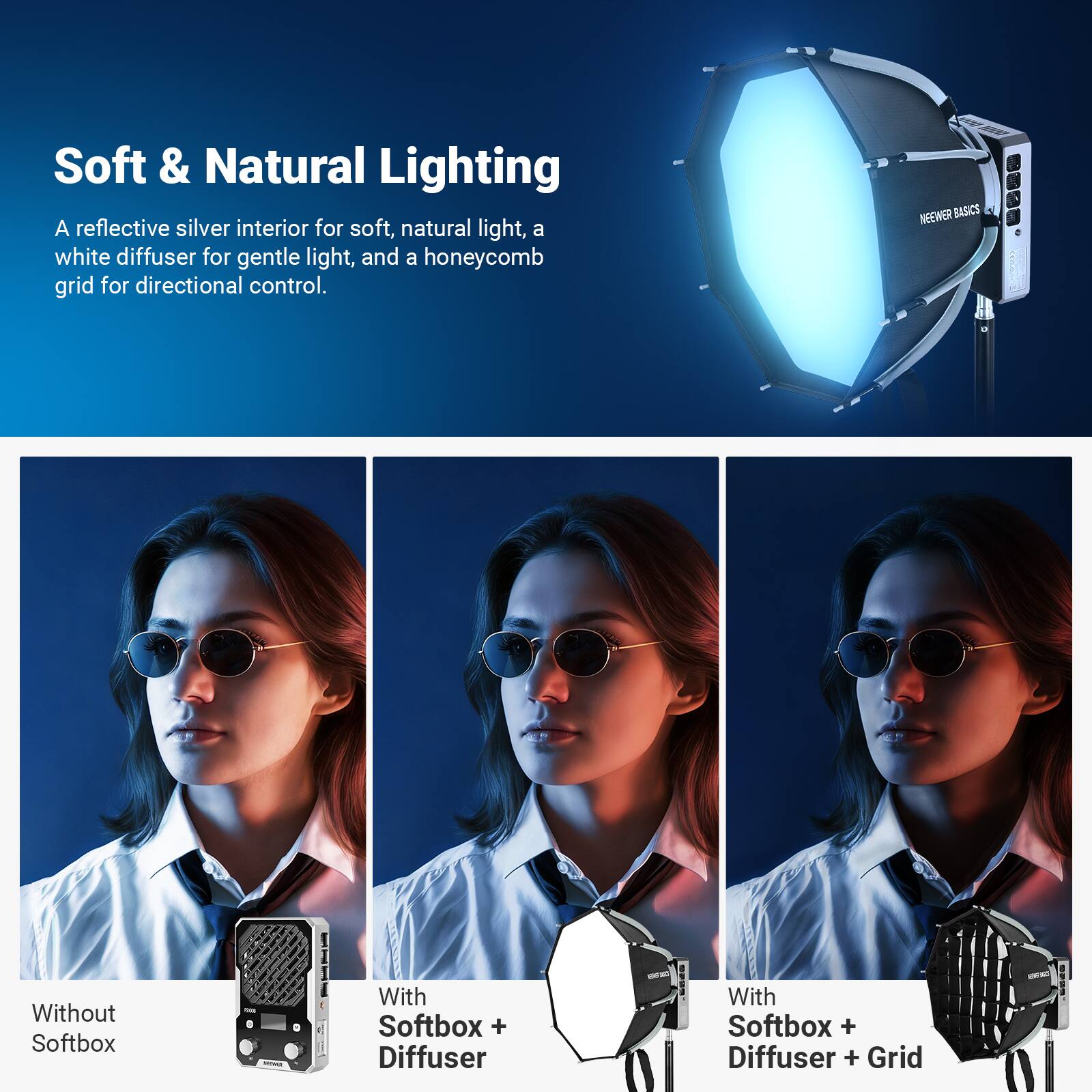 Soft & Natural Lighting  
A reflective silver interior for soft, natural light, a white diffuser for gentle light, and a honeycomb grid for directional control.

NEEWER BASICS  
Without Softbox  
With Softbox + Diffuser  
With Softbox + Diffuser + Grid