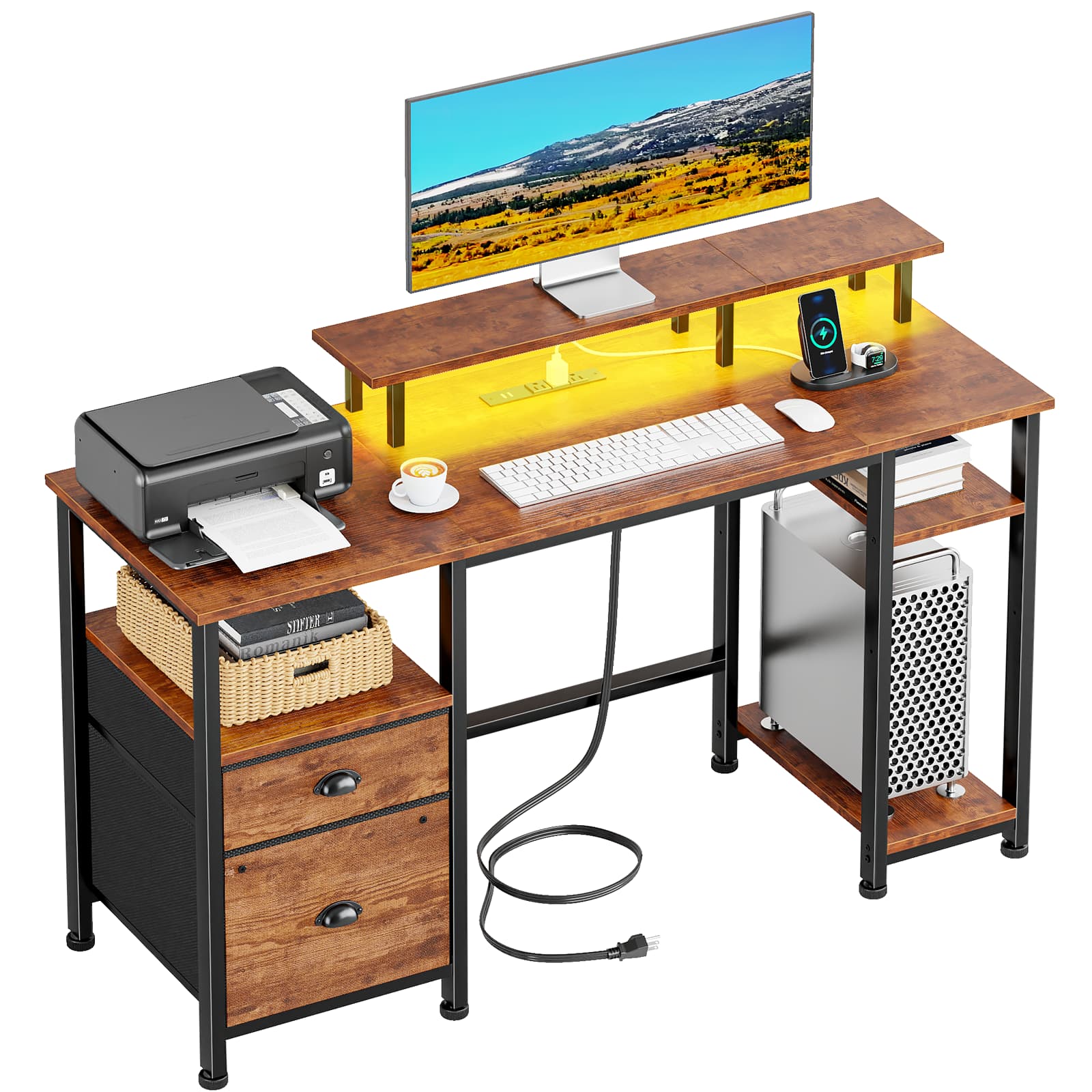 Furnulem - Computer Desk With Led Lights And Power Outlets Gaming Desk With Monitor StandHome Office Writing Desk With Storage - Brown