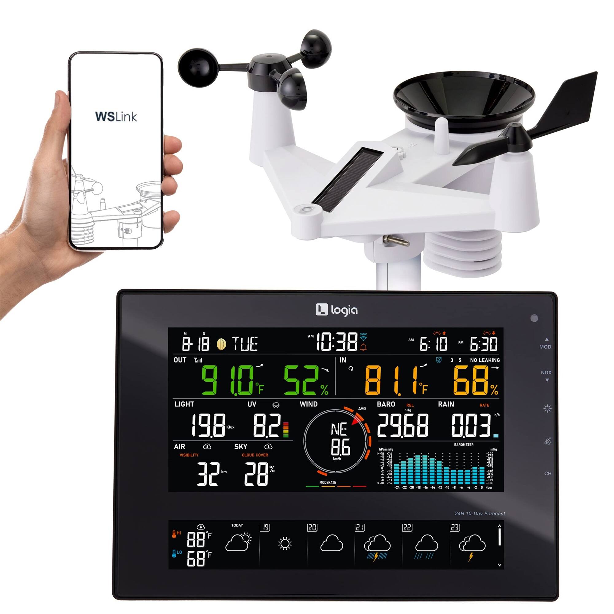 Logia - 7-in-1 WiFi Wireless Weather Station with 10-Day Forecast, Solar & Large 8" LED Display - White and Black