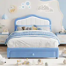 Jojoka - Full Bed Frame with Storage Drawer & Smart LED Headboard, Princess Platform, Blue/White Velvet, Easy Assembly - Blue