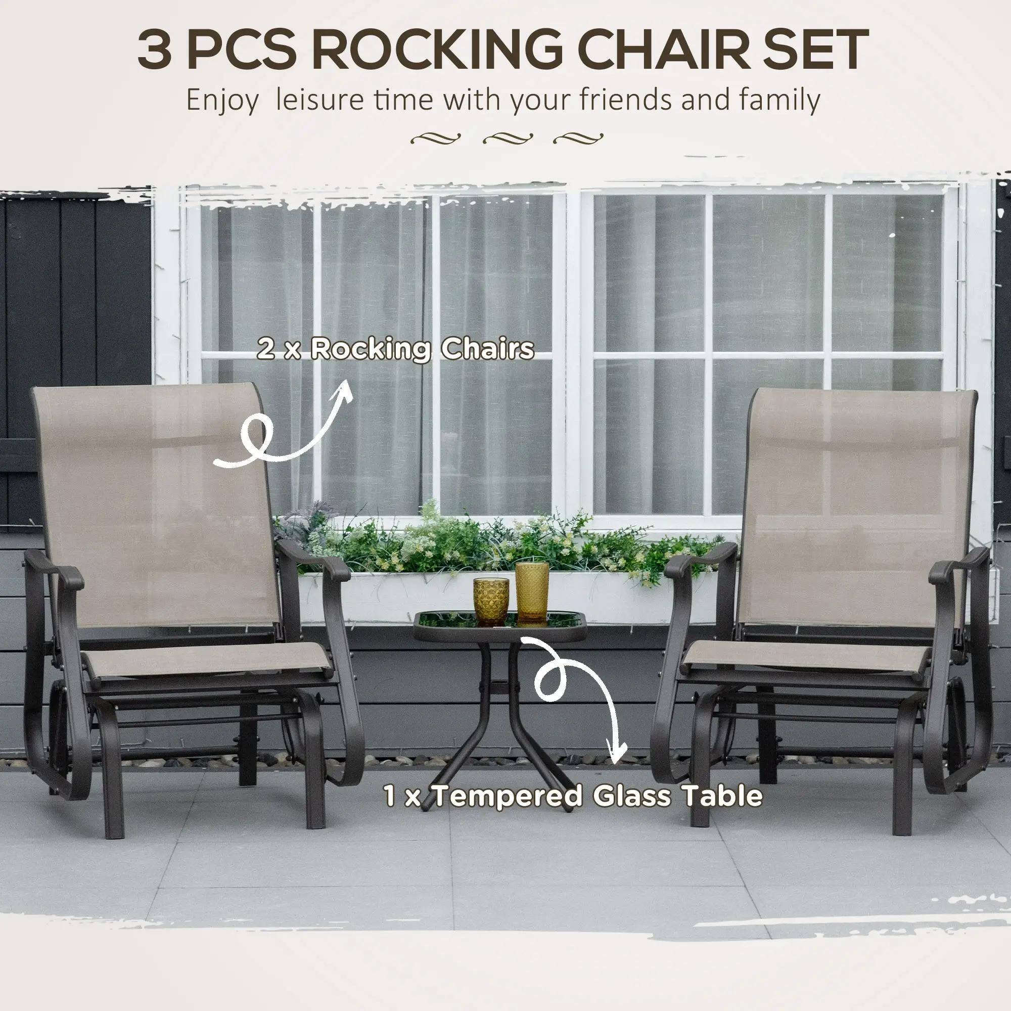 3 PCS ROCKING CHAIR SET  
Enjoy leisure time with your friends and family  

2 x Rocking Chairs  
1 x Tempered Glass Table