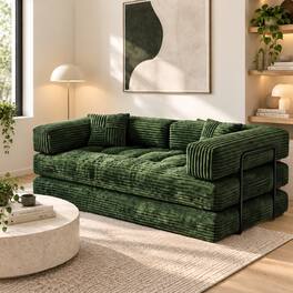 Vipbear - 78.7" Folding Boneless Couch with Fixed-Shape Frame, Corduroy Floor Sofa Loveseat Sleeper - Green