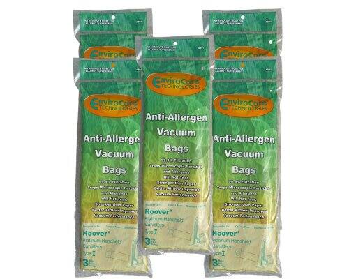 Envirocore TECHNOLOGIES Anti-Allergen Vacuum Bags  
93% Filtration  
91% Filtration  
Vacuum Bags  
Anti-Allergen Vacuum Bags  
Hoover Platinum Handheld Canisters  
Type I  
3 Pack
