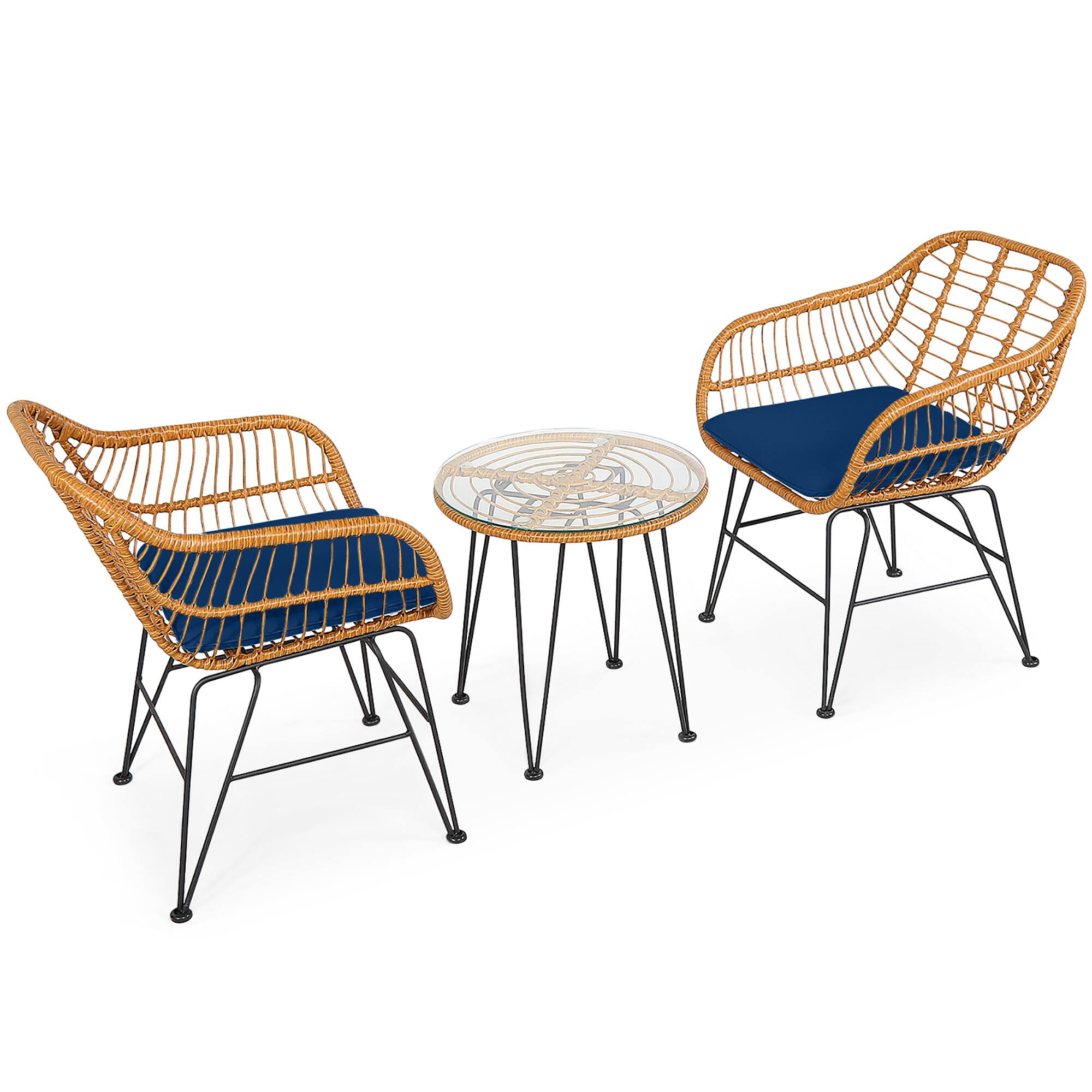 Alt View 9. Gymax - Gymax 3PCS Rattan Patio Bistro Set Conversation Furniture Set w/ Navy Cushions - Navy.