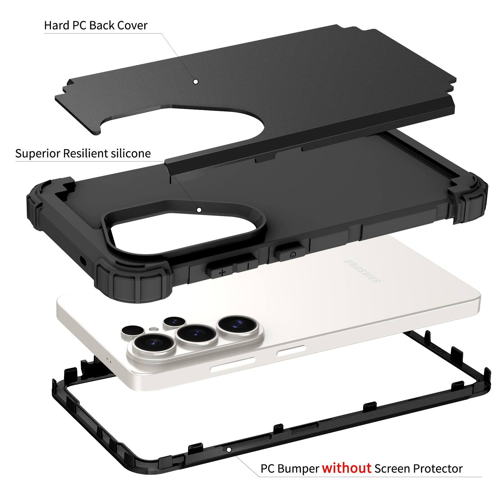 Hard PC Back Cover  
Superior Resilient silicone  
PC Bumper without Screen Protector