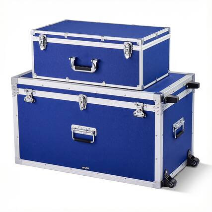 Front. VEVOR - Metal Storage Trunk,Set of 2,Wooden Suitcase Storage Boxes with Padlocks, Large Trunk Includes Casters & 3 Metal Handles - Blue.